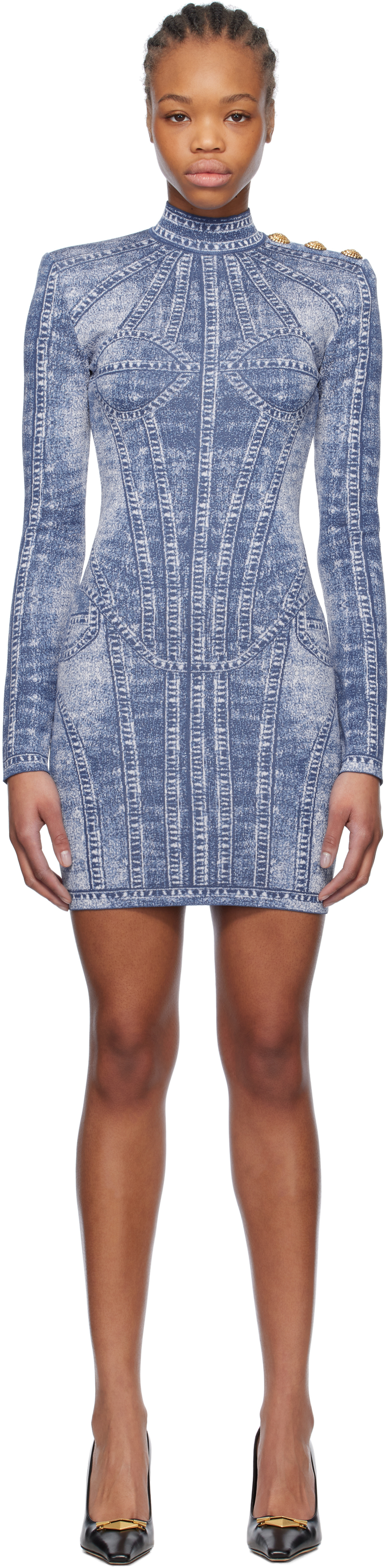 Blue Jacquard Denim Effect Minidress