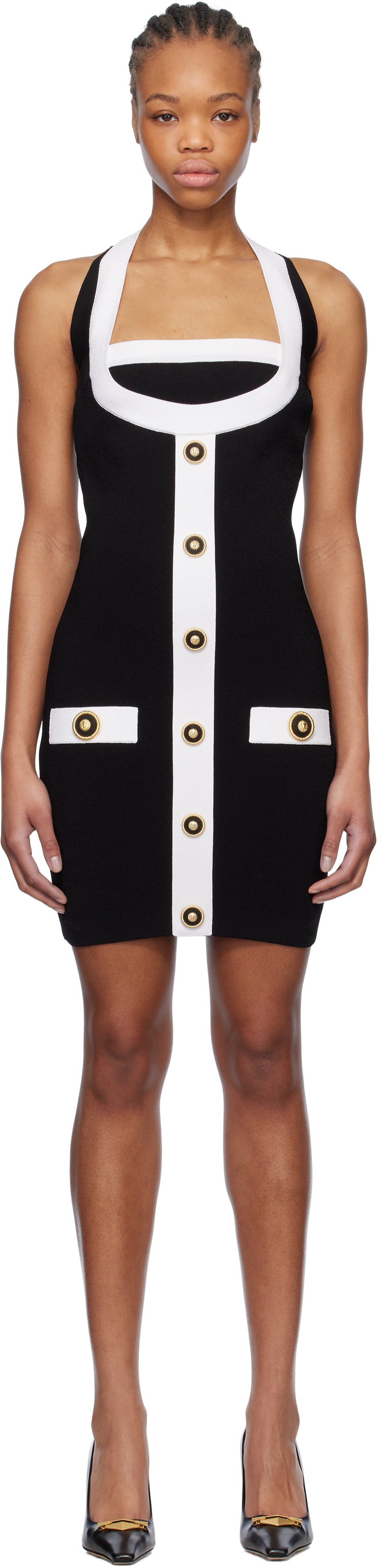 Black 
White Two-Tone Halterneck Knit Minidress