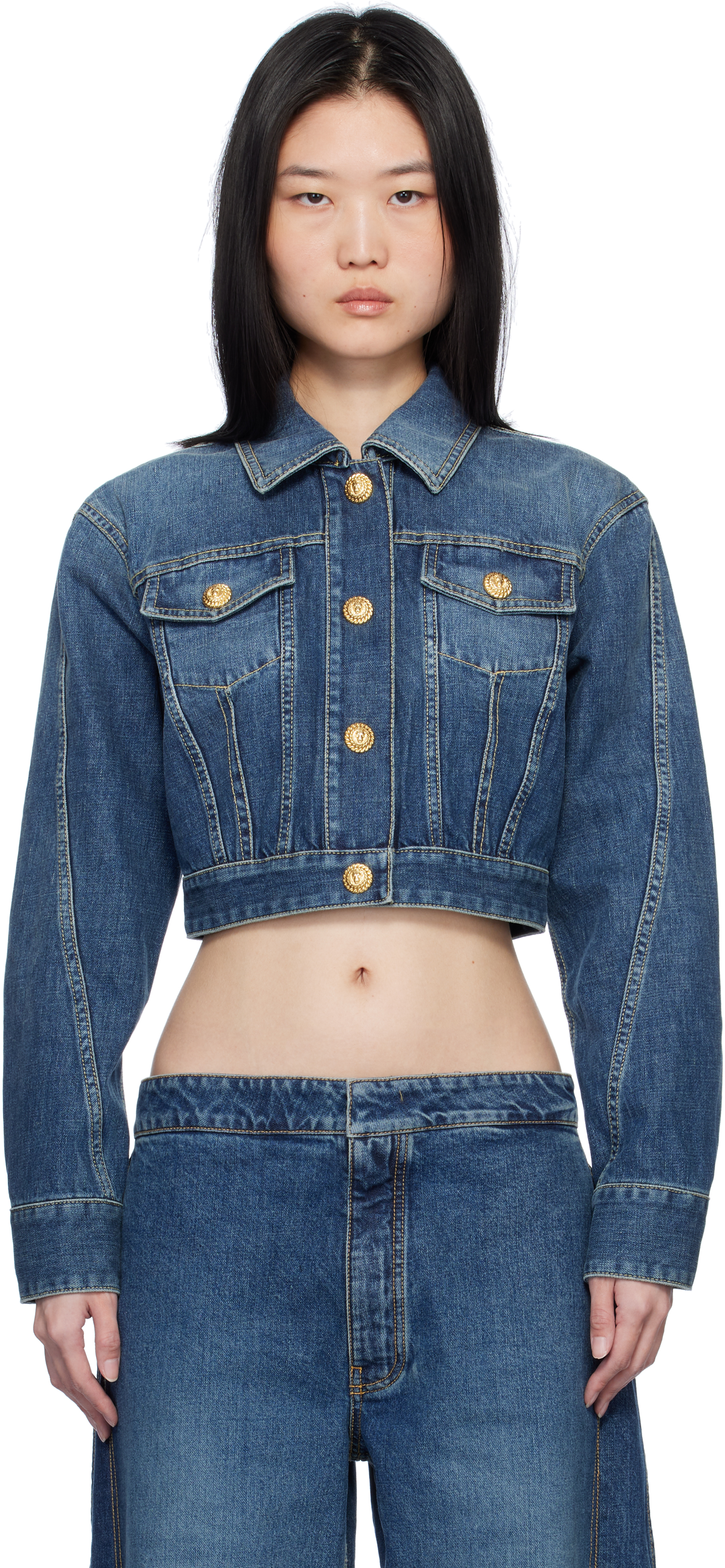 Blue Cropped Faded Denim Jacket by Balmain on Sale