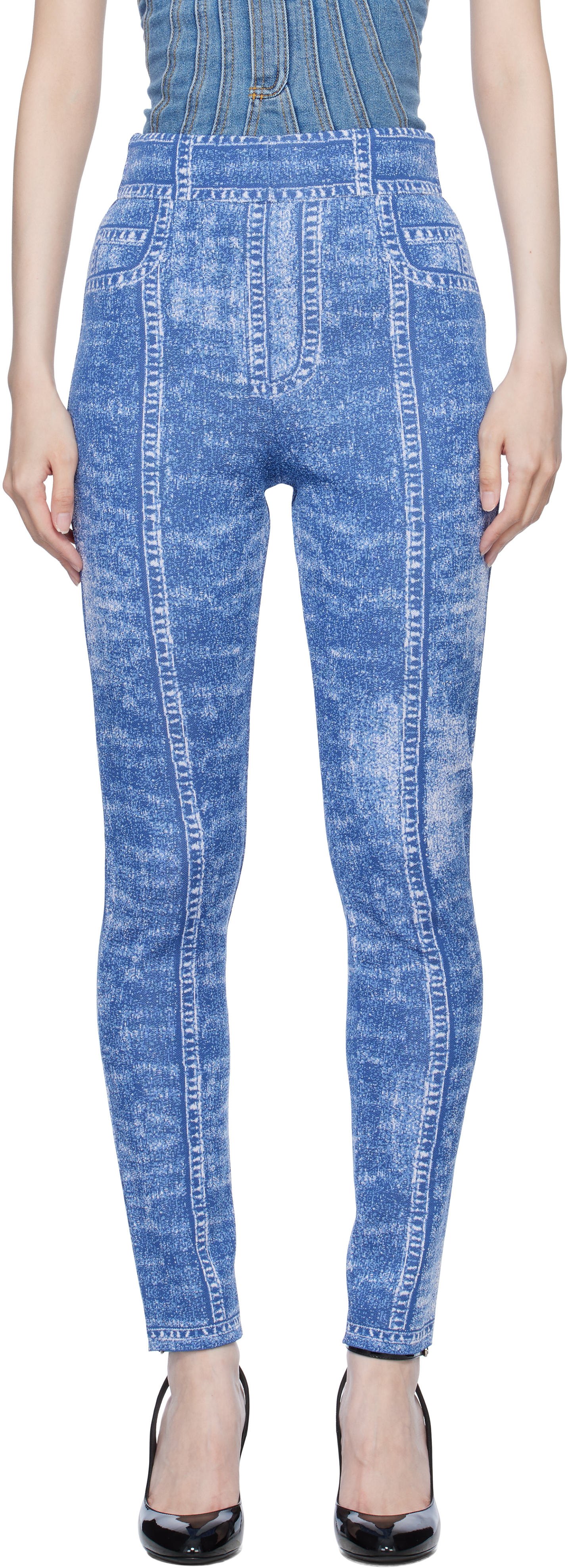 Blue Denim Effect Knit Leggings