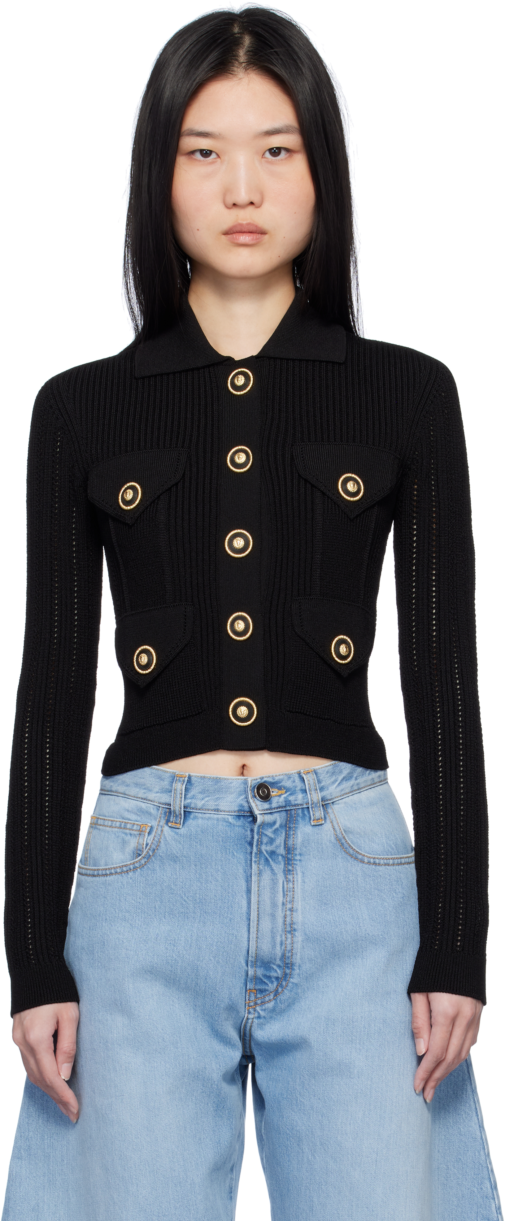 Black Cropped Ribbed Knit Cardigan