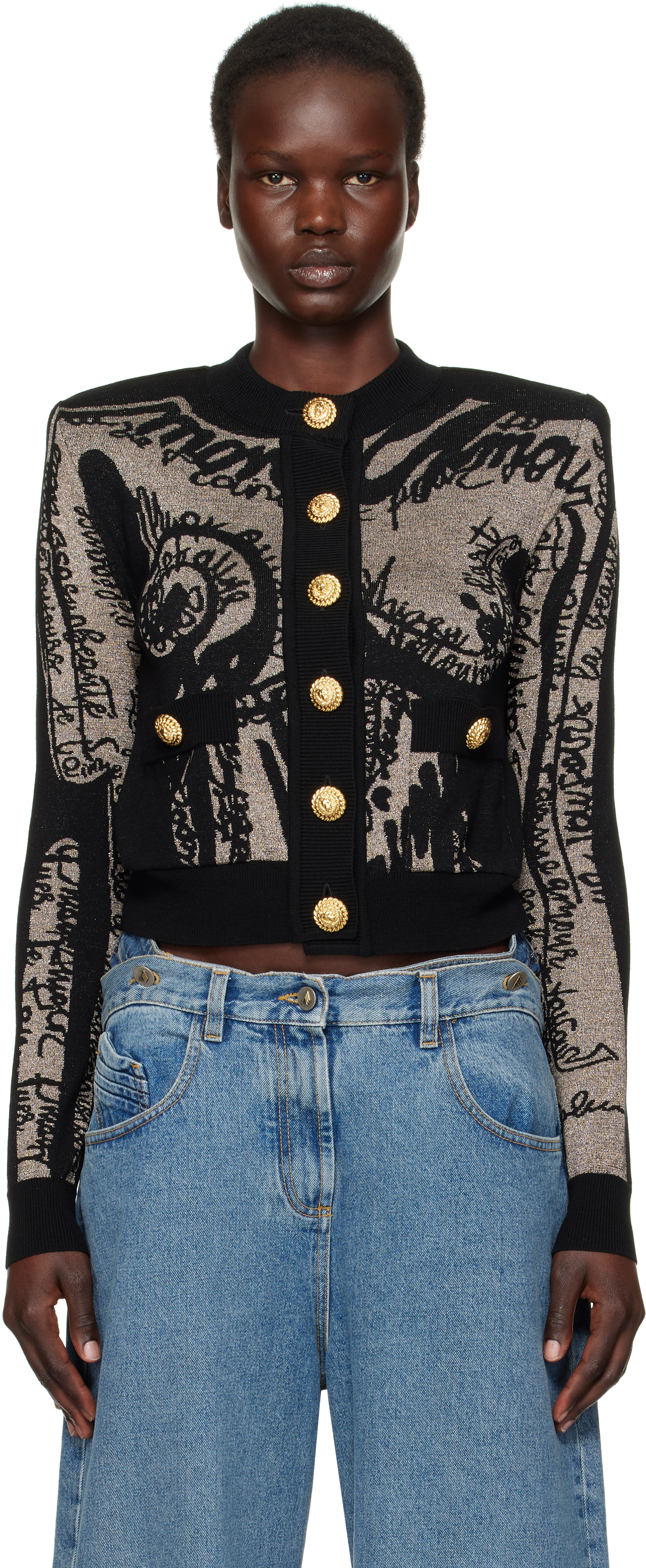 Black Jacquard Knit Body Motif Cardigan