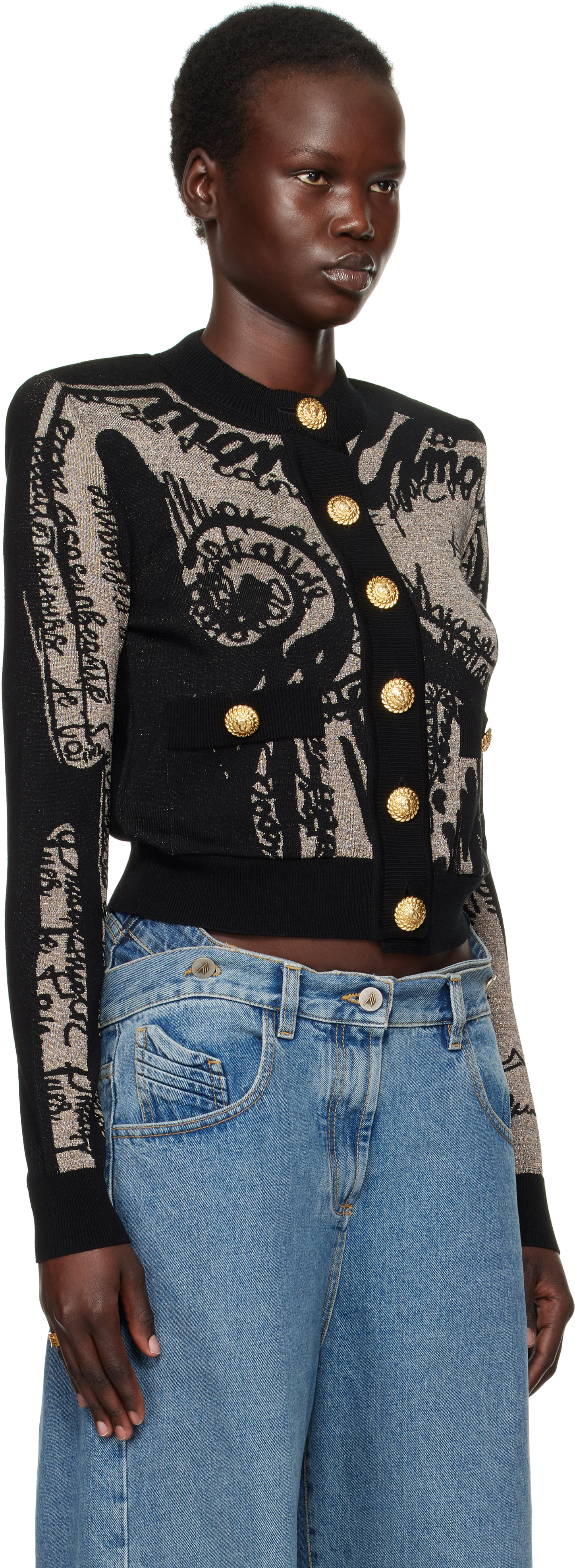 Balmain Pattern Jacquard Knitted Cardigan In Iac Or/noir