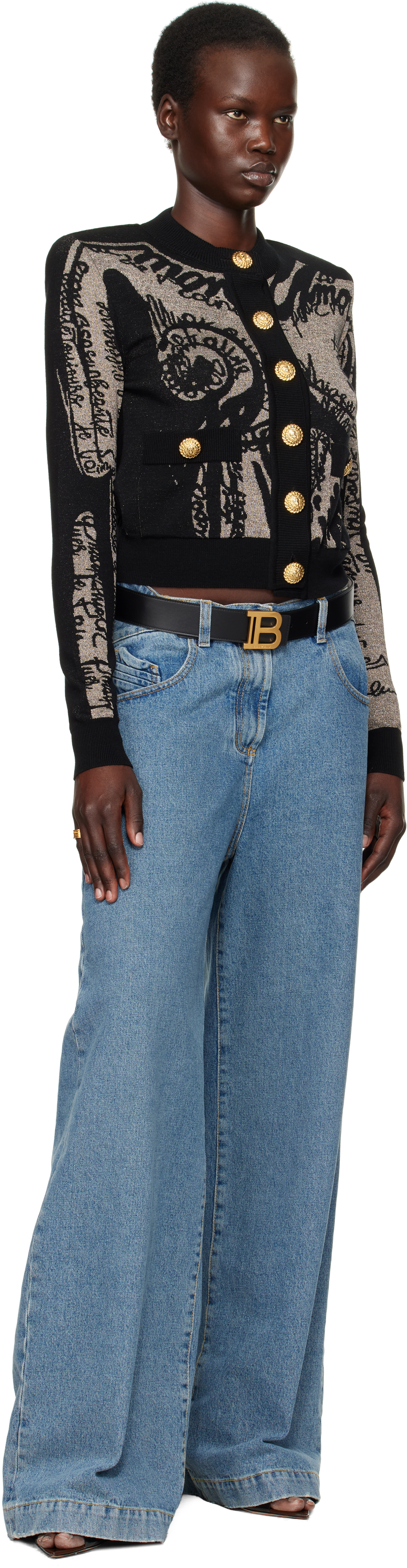 Balmain Pattern Jacquard Knitted Cardigan In Iac Or/noir