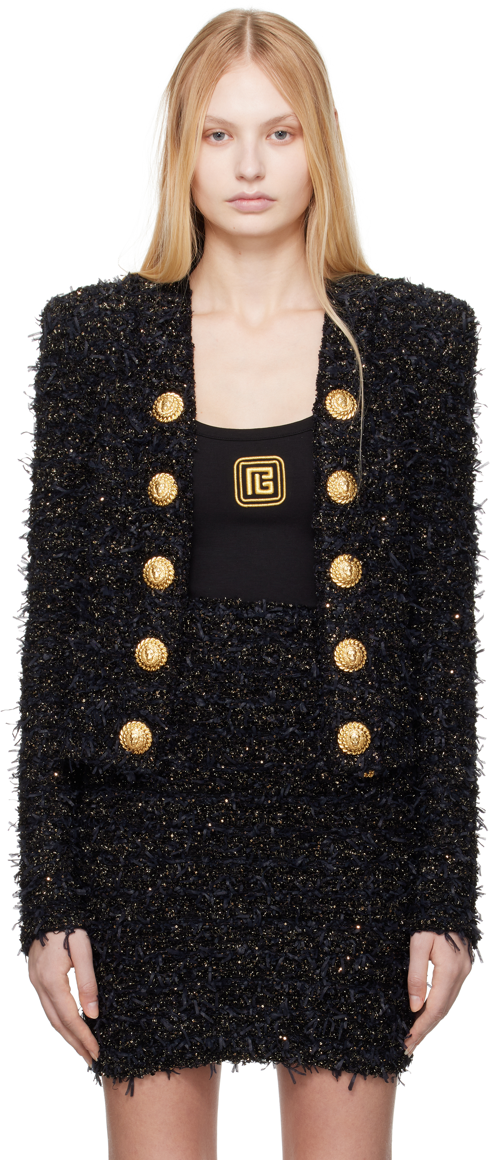 Balmain Black Edge-to-edge Tweed Jacket In Ead Noir/or