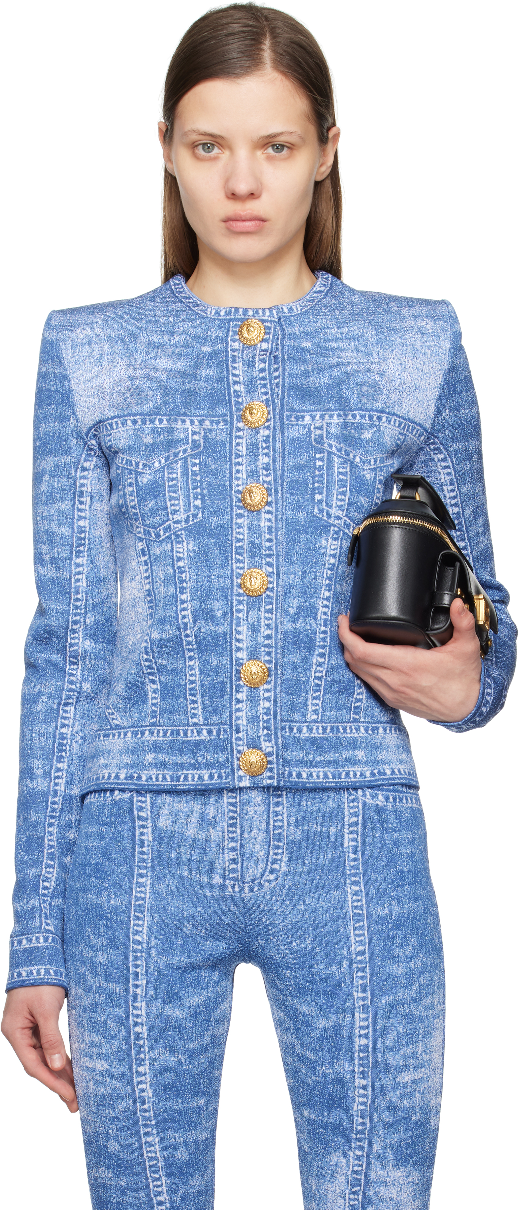 Balmain: Blue Jacquard Denim Effect Knit Cardigan | SSENSE