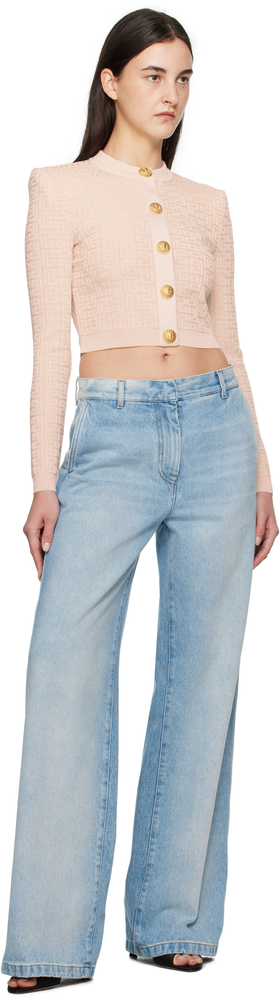 Balmain Buttoned-embellished Crewneck Cardigan In Gus Nude/nude Brilla