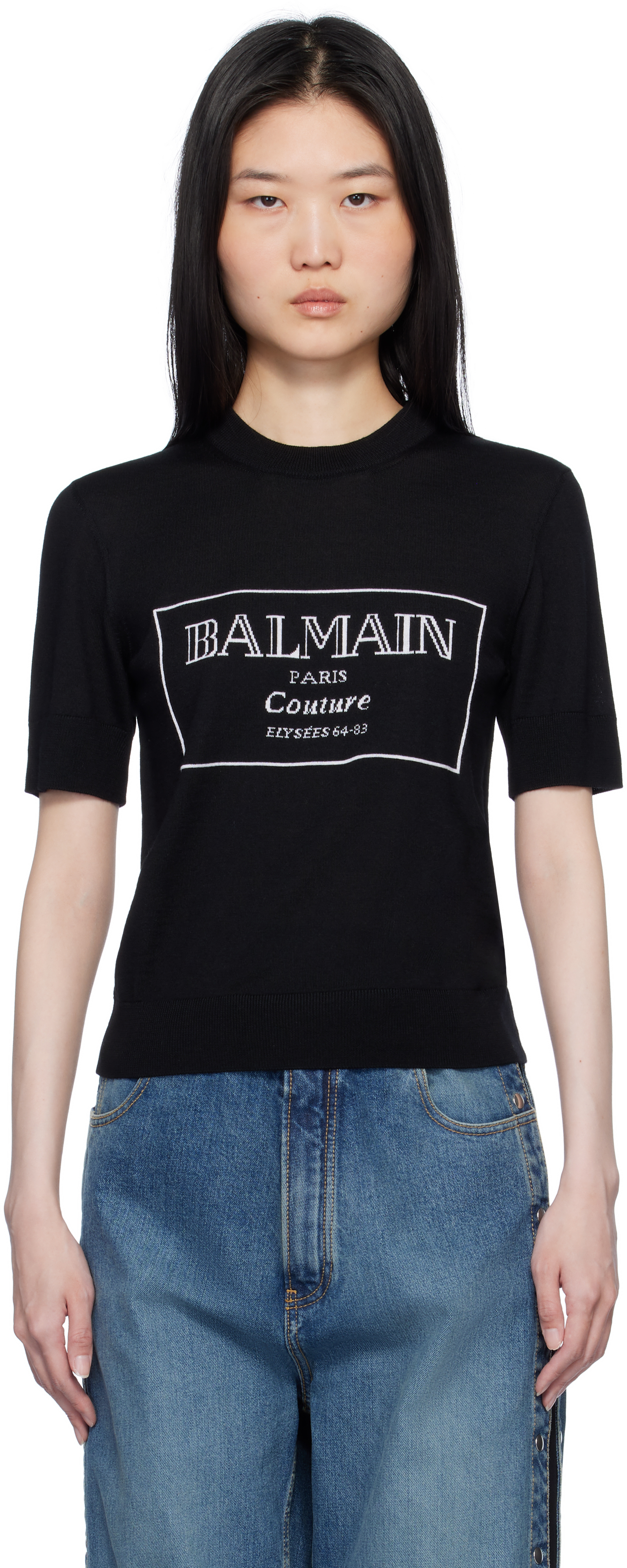 Black 'Balmain Couture' Two-Tone Knit T-shirt by Balmain on Sale Black 'Balmain Couture' Two-Tone Knit T-shirt by Balmain on Sale