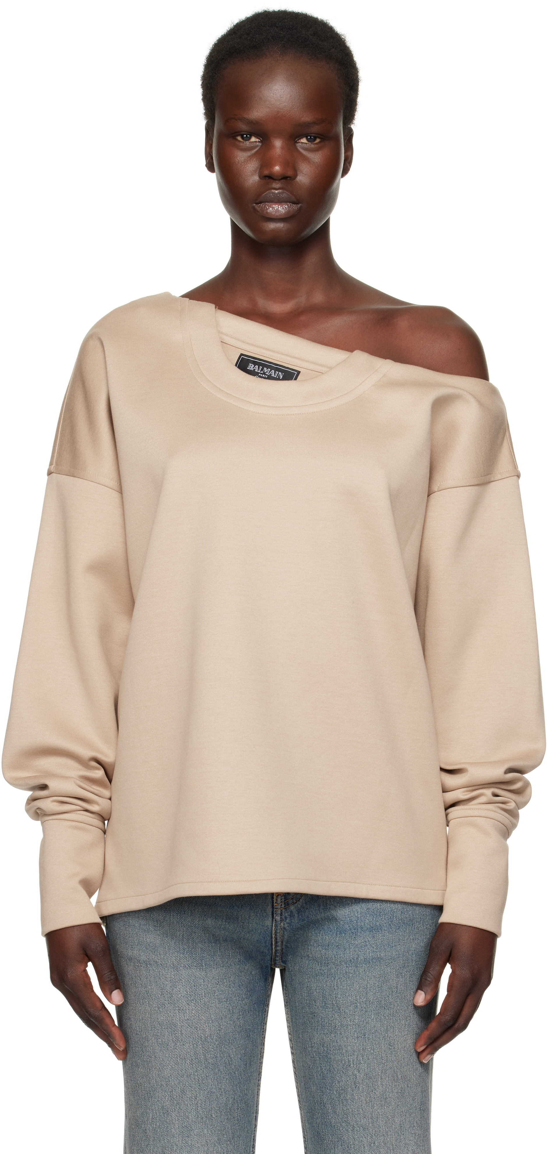 Beige Asymmetrical Jersey Off-The-Shoulder Sweatshirt