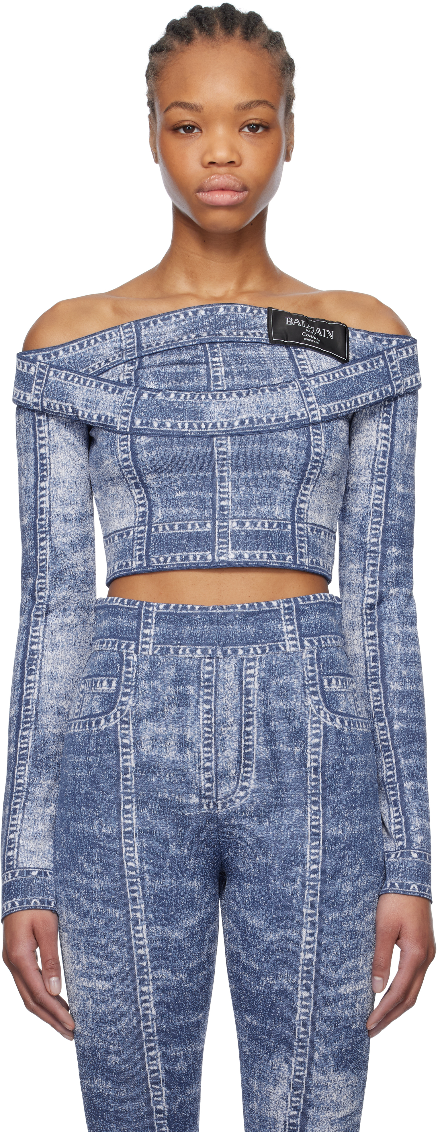 Blue Double Collar Denim Trompe L
oeil Top