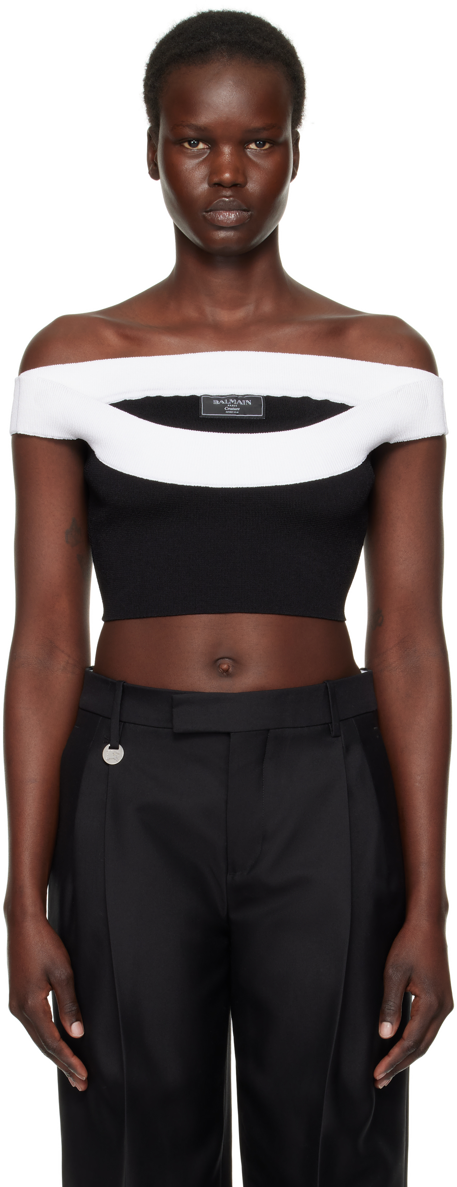 Black & White Two-Tone Knit Cropped Top