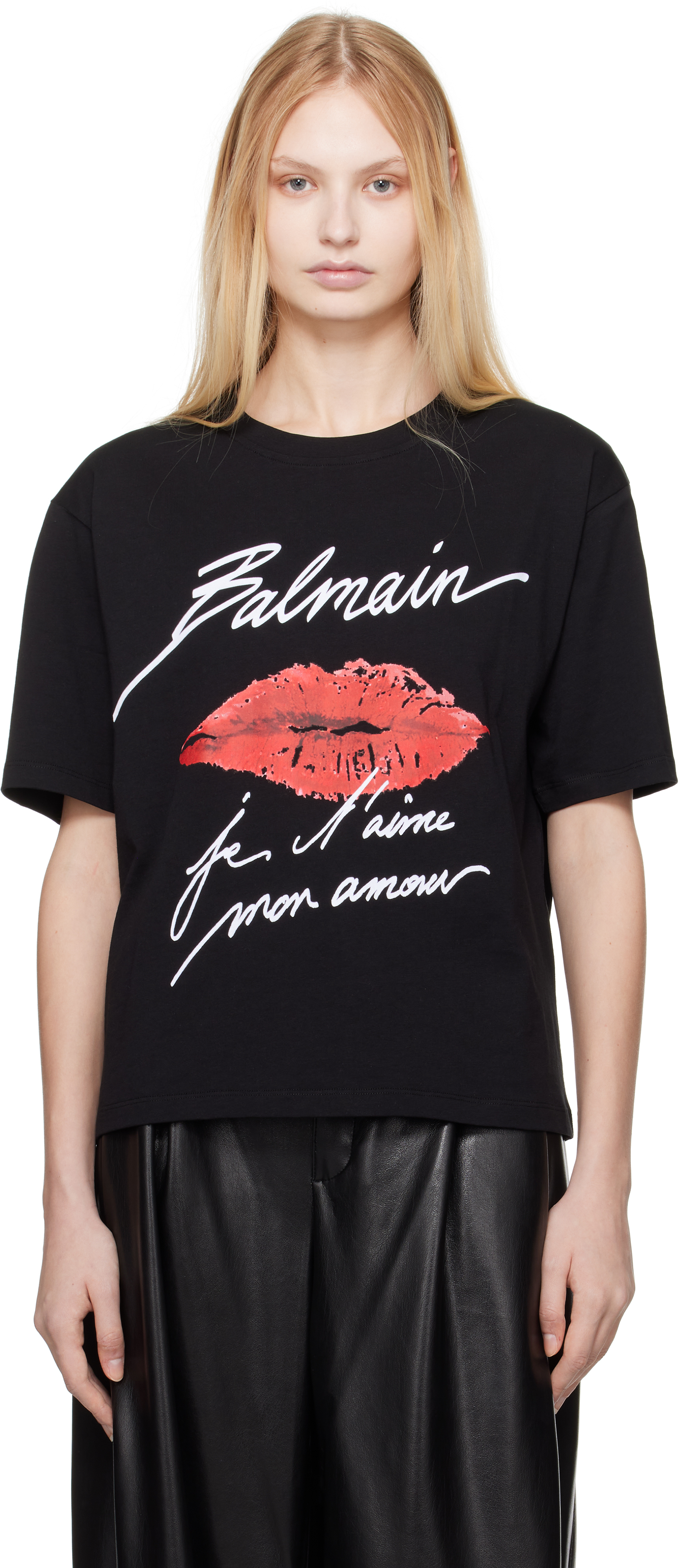 Black Short-Sleeved Kiss Print T-shirt by Balmain on Sale