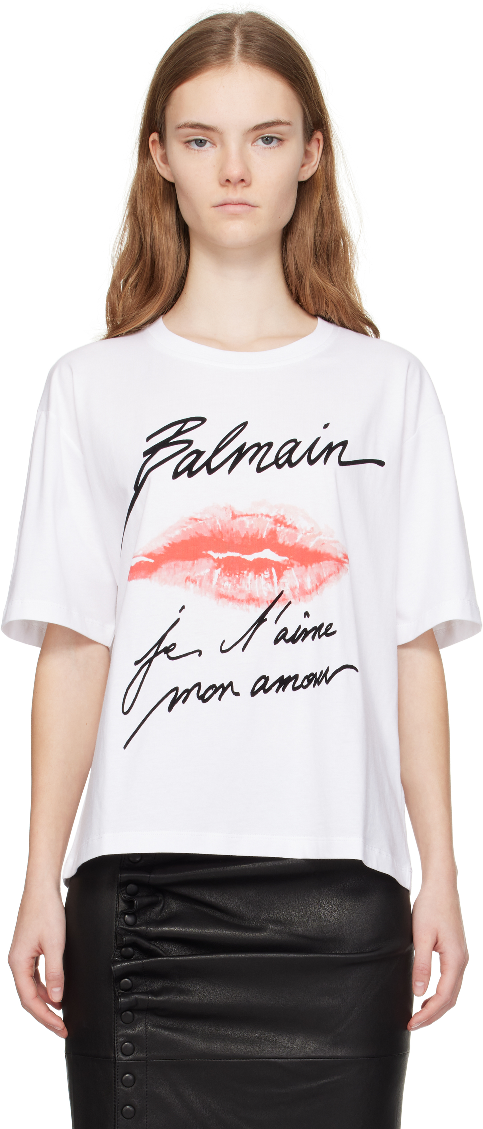 Balmain White Kiss Print T-shirt In Gqv Blanc/noir/rouge