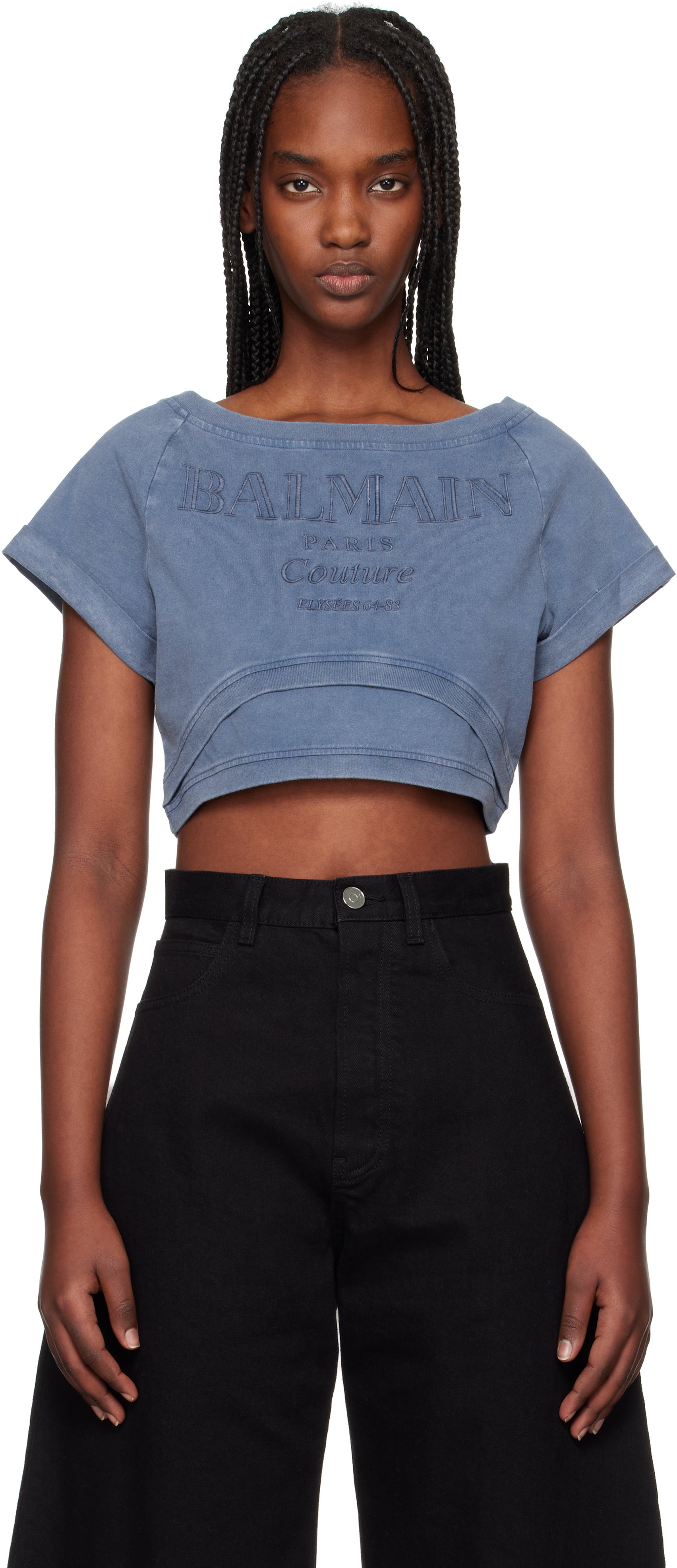 Blue Cropped 
Balmain Couture
 Embroidered T-shirt