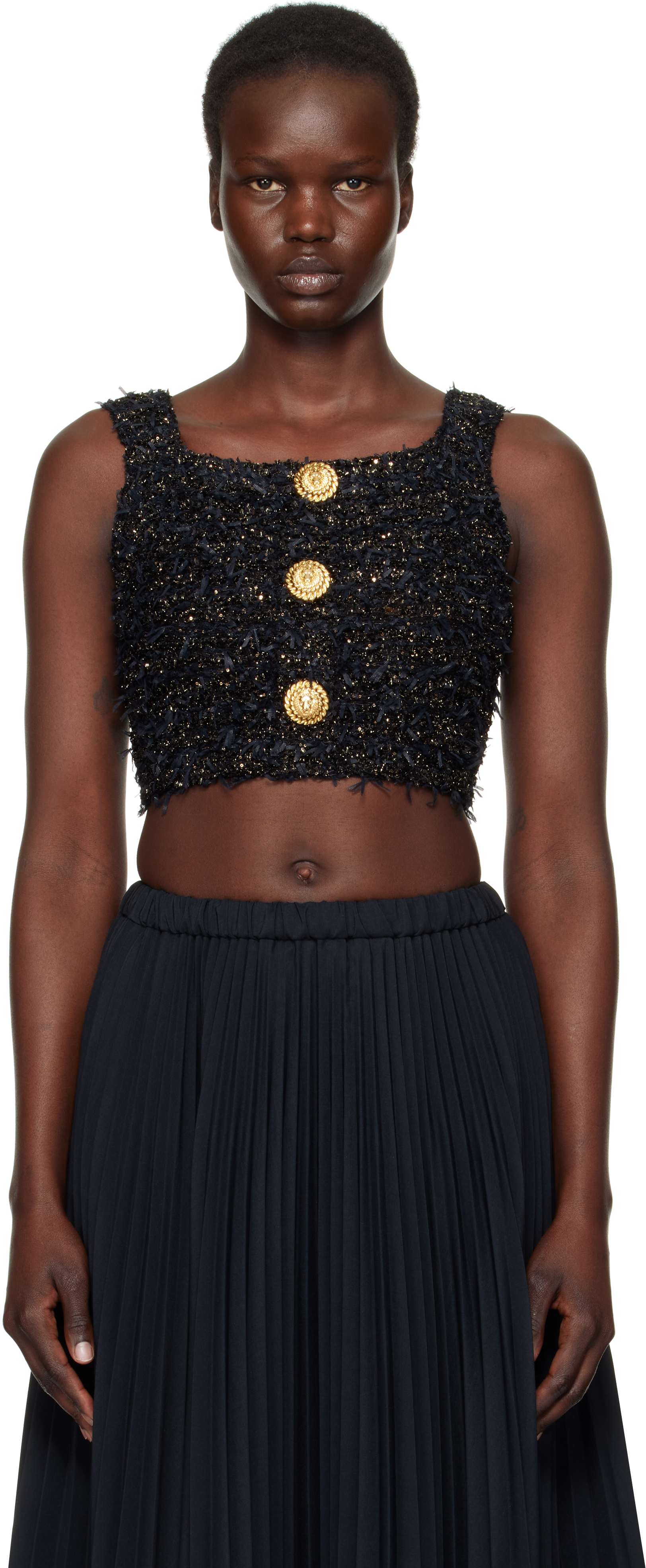 Black Tweed Knit Crop Tank Top