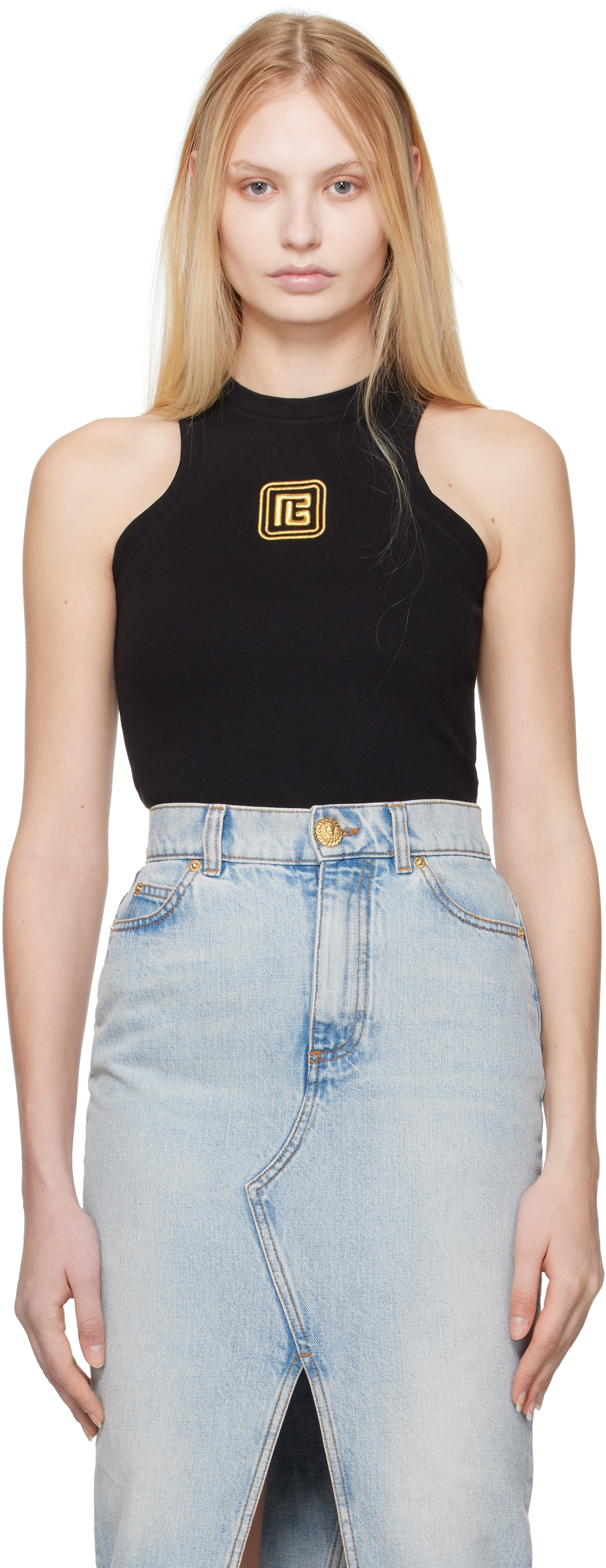 Black Retro 'PB' Embroidery Tank Top