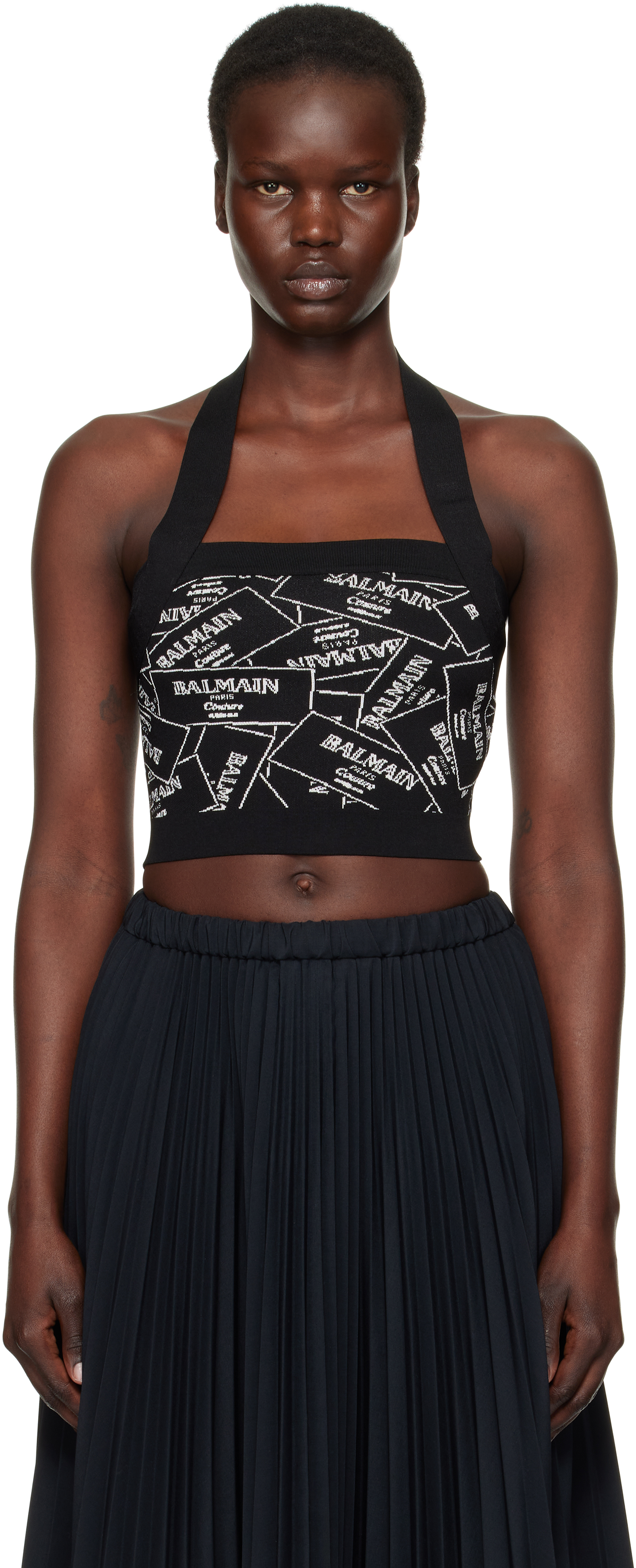 Black 'Balmain' Label Motif Top