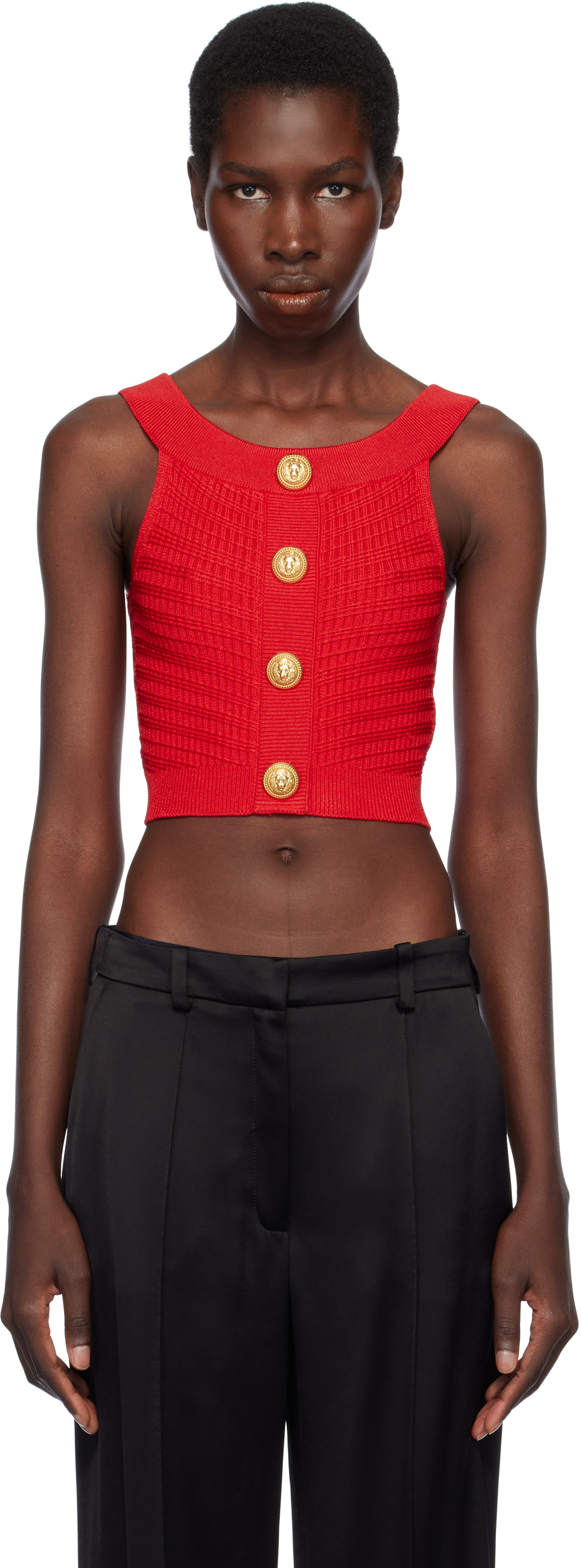 Red Buttoned Boatneck Knit Cropped Tank Top