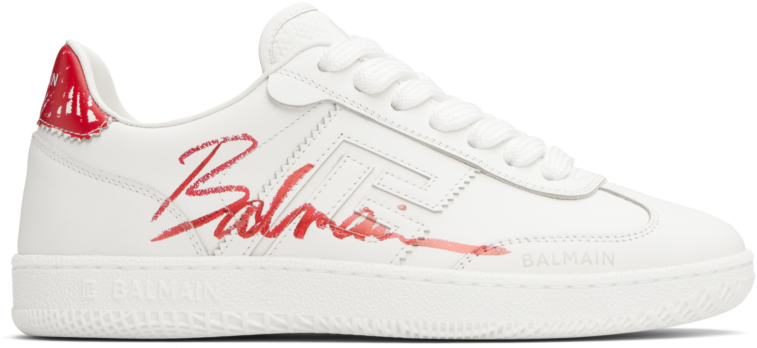 White & Red Leather 'Balmain' Swan Lipstick Sneakers