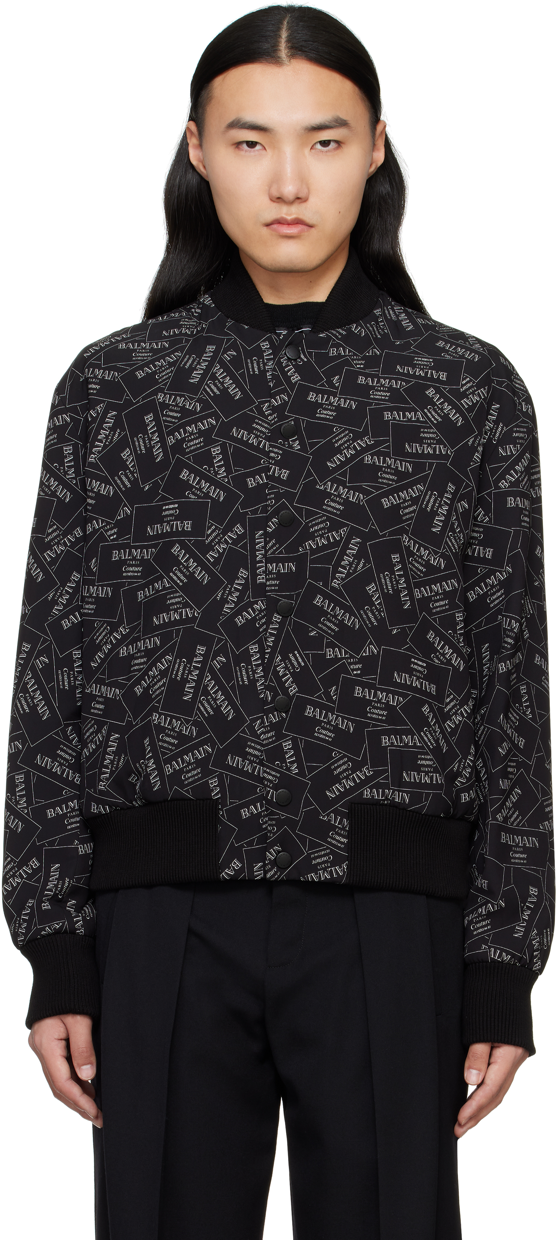 Balmain EN1XH461MBRA1KA 関税送料込 Black Printed 'Balmain' Label Bomber Jacket by Balmain on Sale