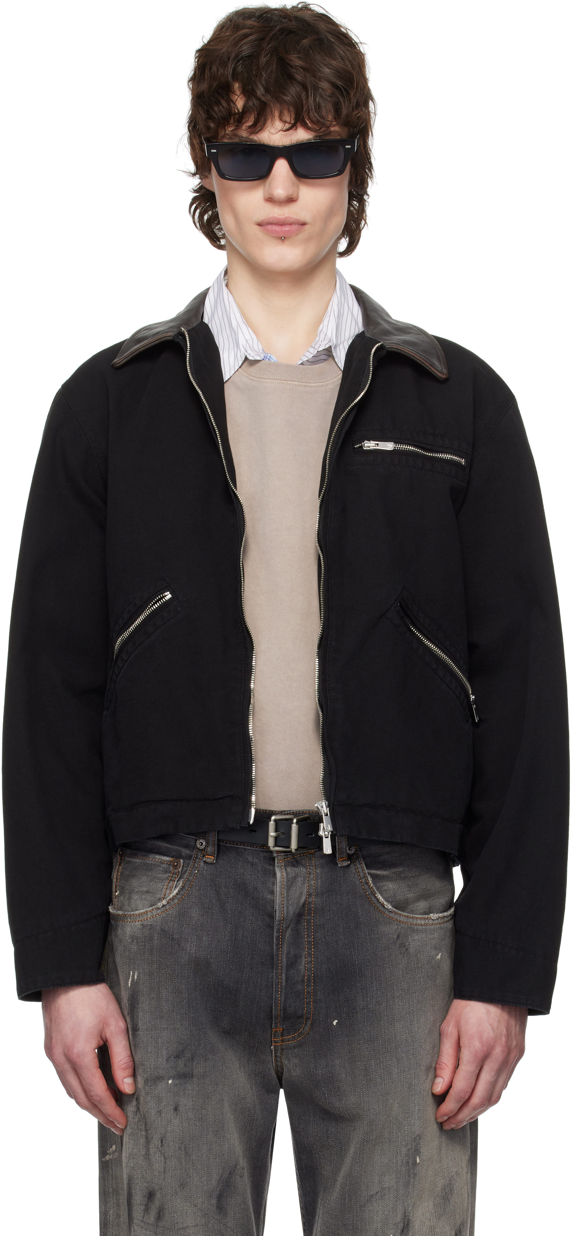 Black Washed Leather Collar Work Jacket