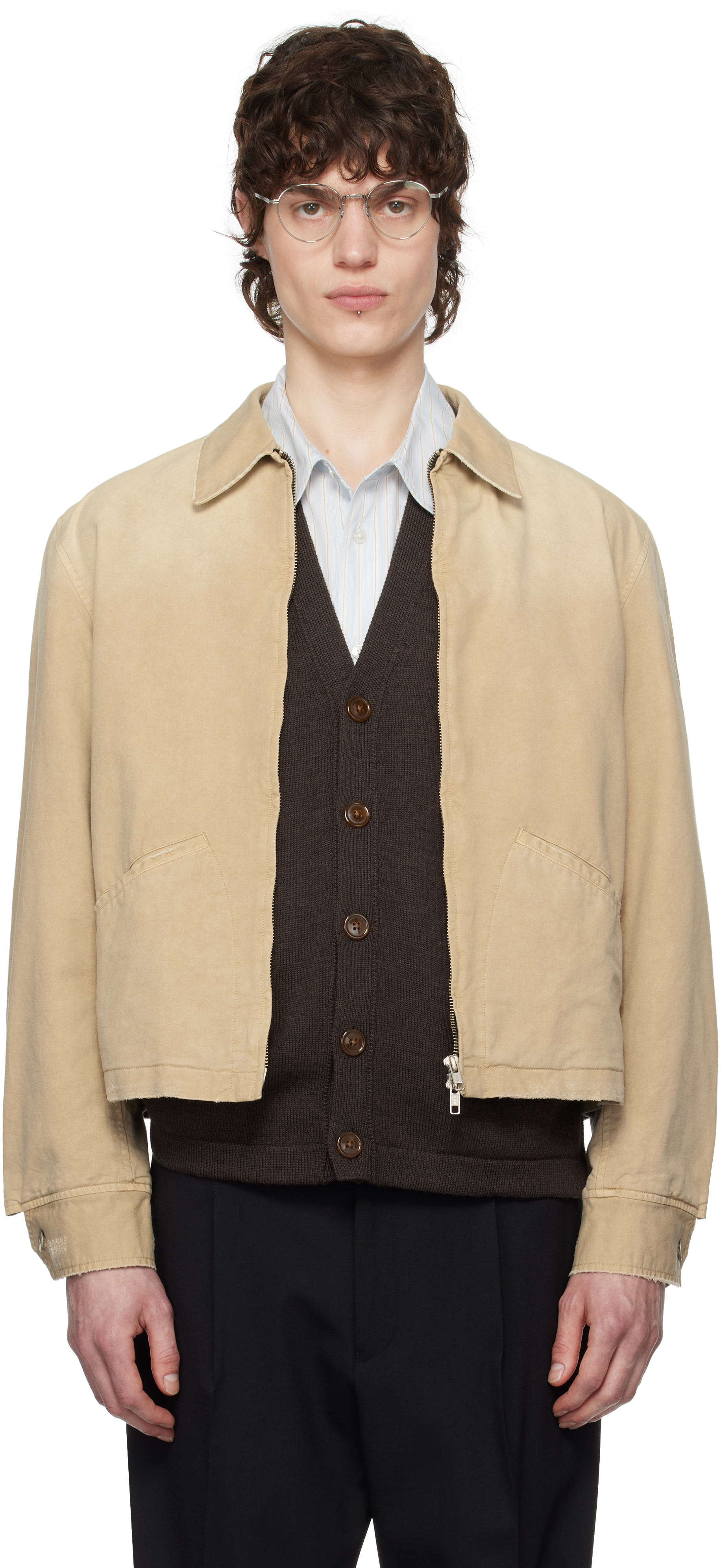 Beige Garment-Dyed Cotton Distressed Mechanic Jacket