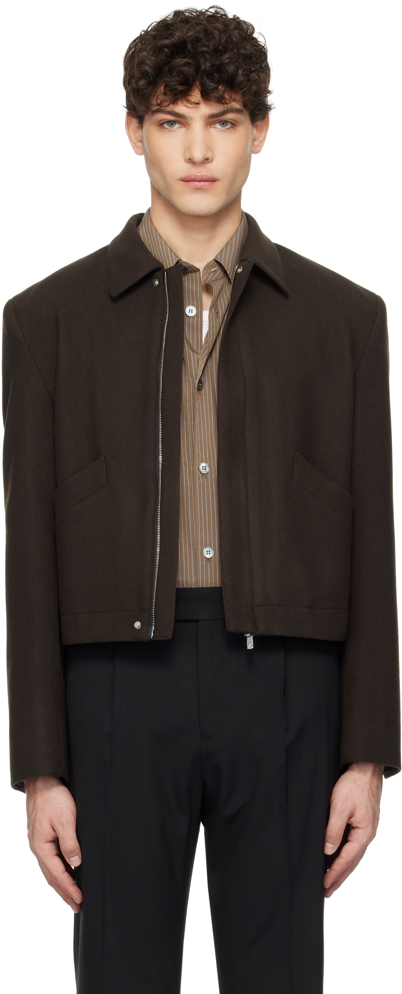 Brown Virgin Wool Cropped Blouson Jacket