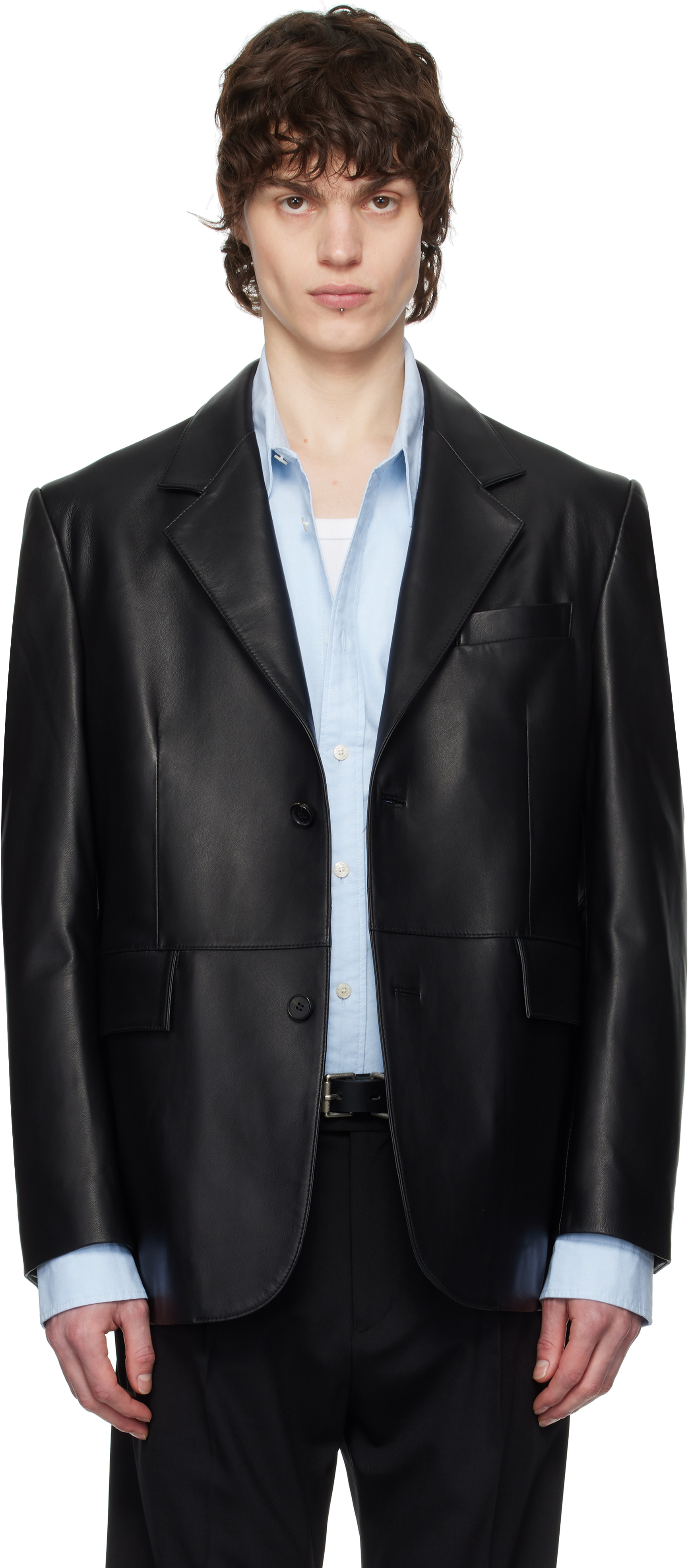 Black Single-Breasted Leather Blazer