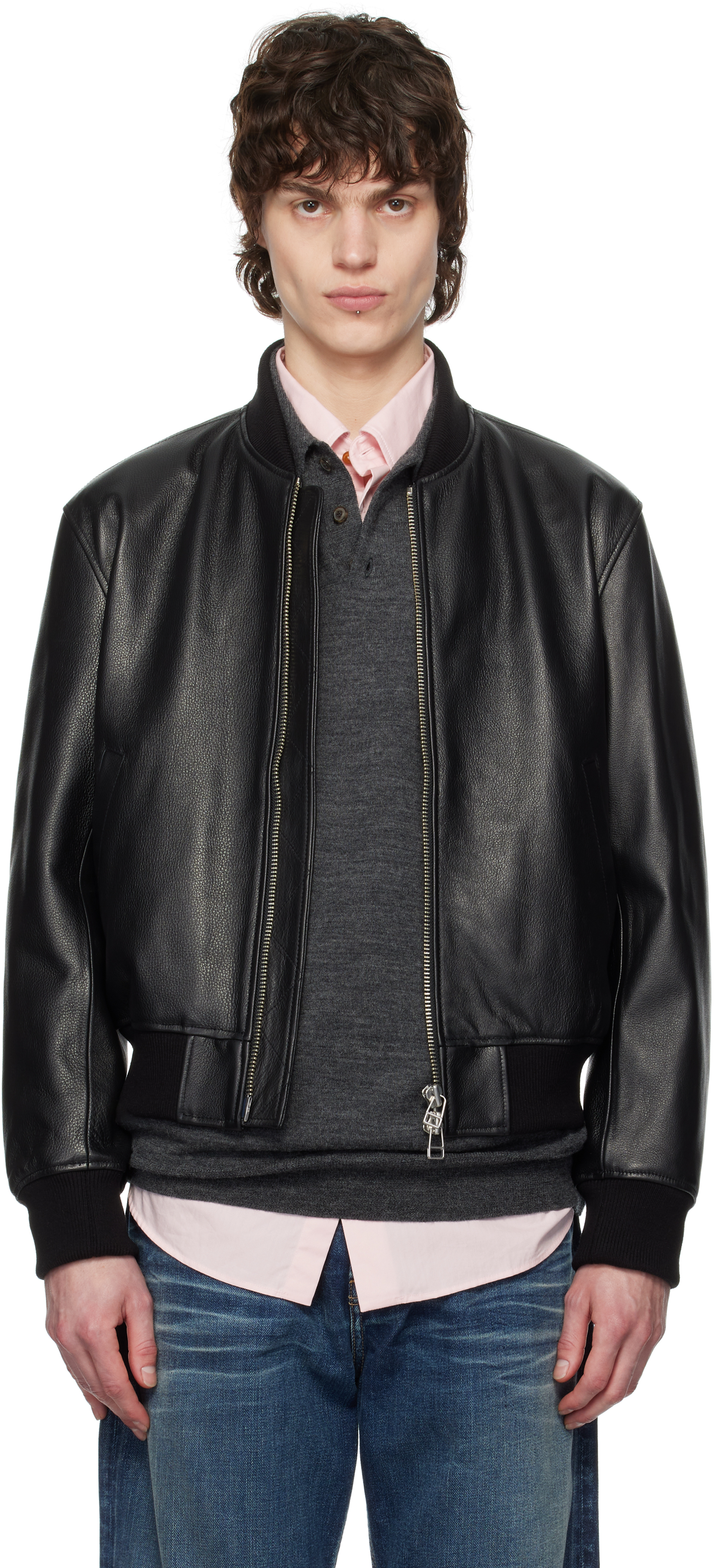 Black Grained Leather Bomber Jacket