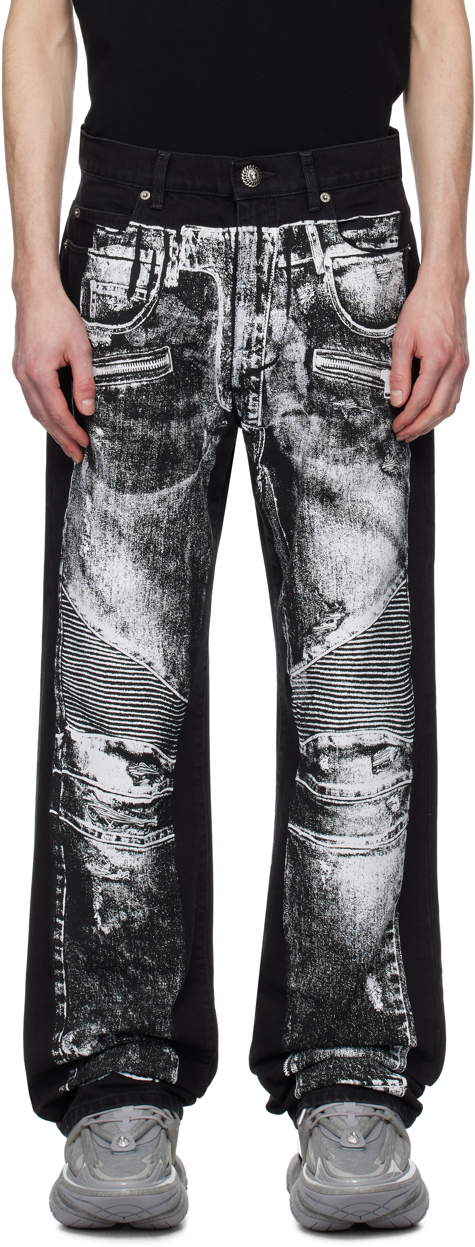 Balmain: Black Loose-Fit Biker Print Jeans SSENSE
