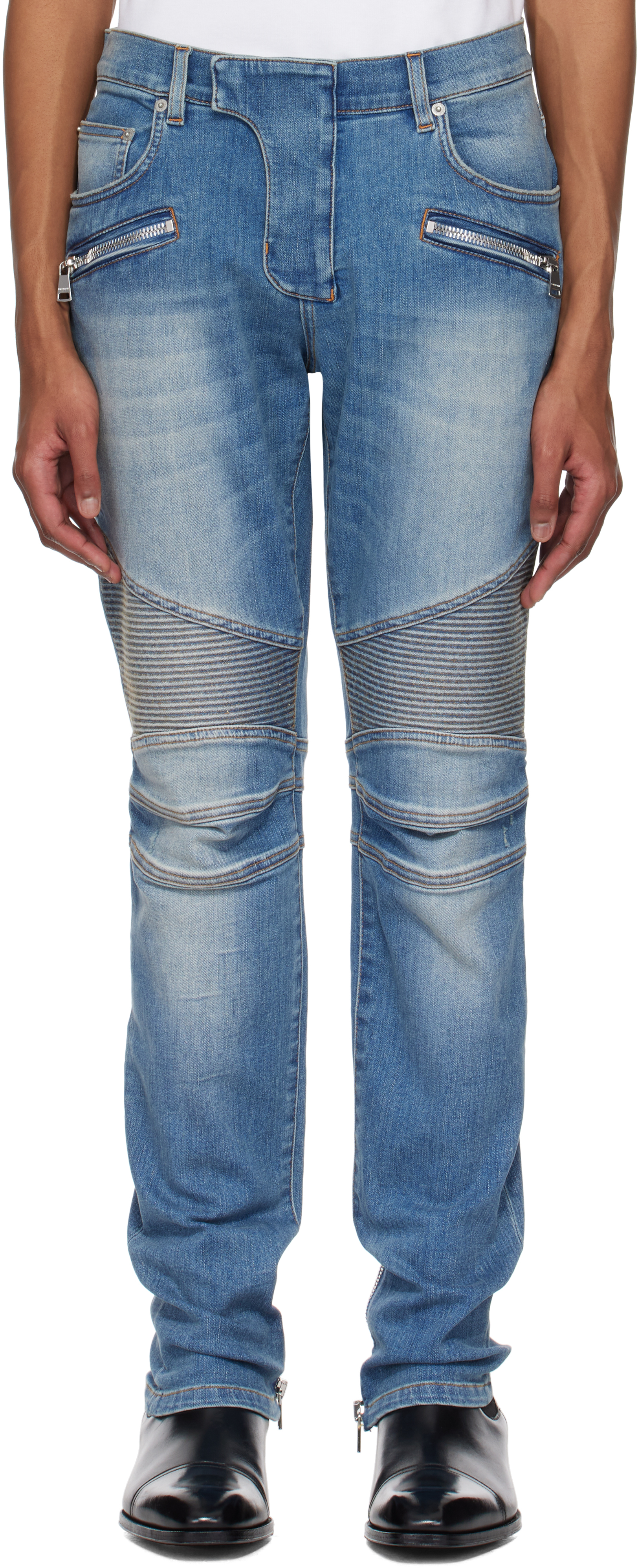 Blue Slim-Fit Biker Jeans by Balmain on Sale