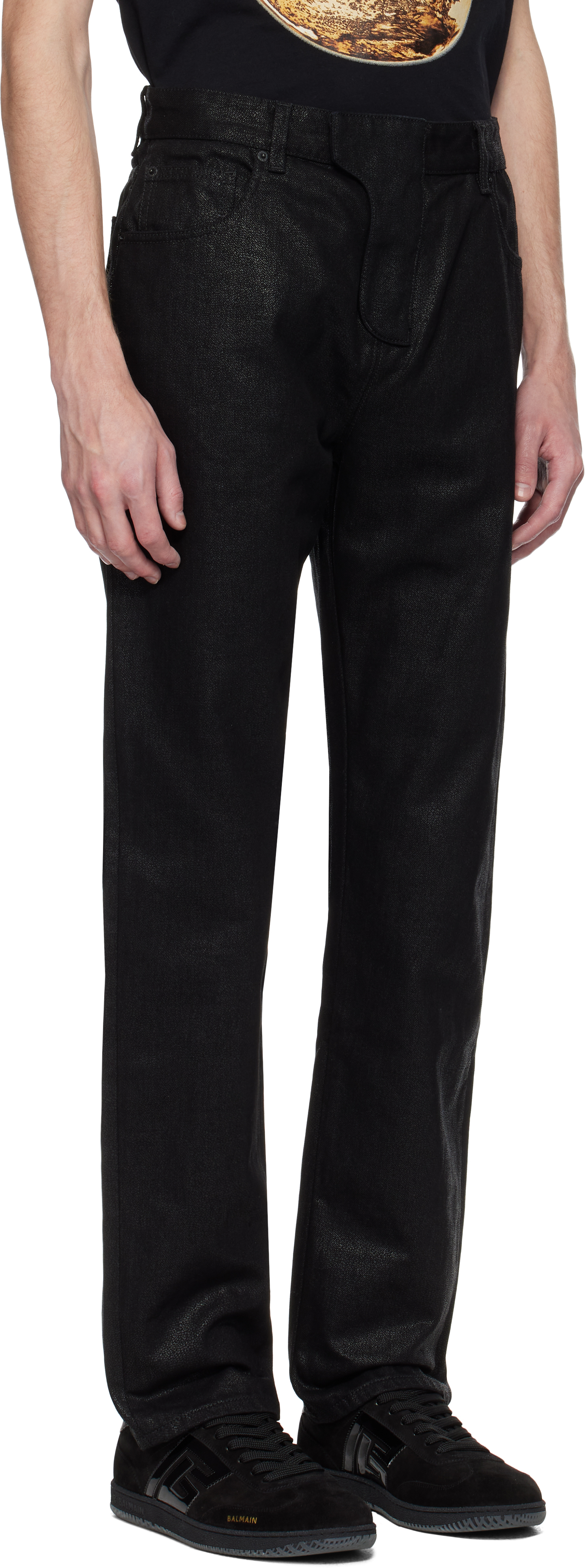 BALMAIN BLACK REGULAR-FIT COATED JEANS
