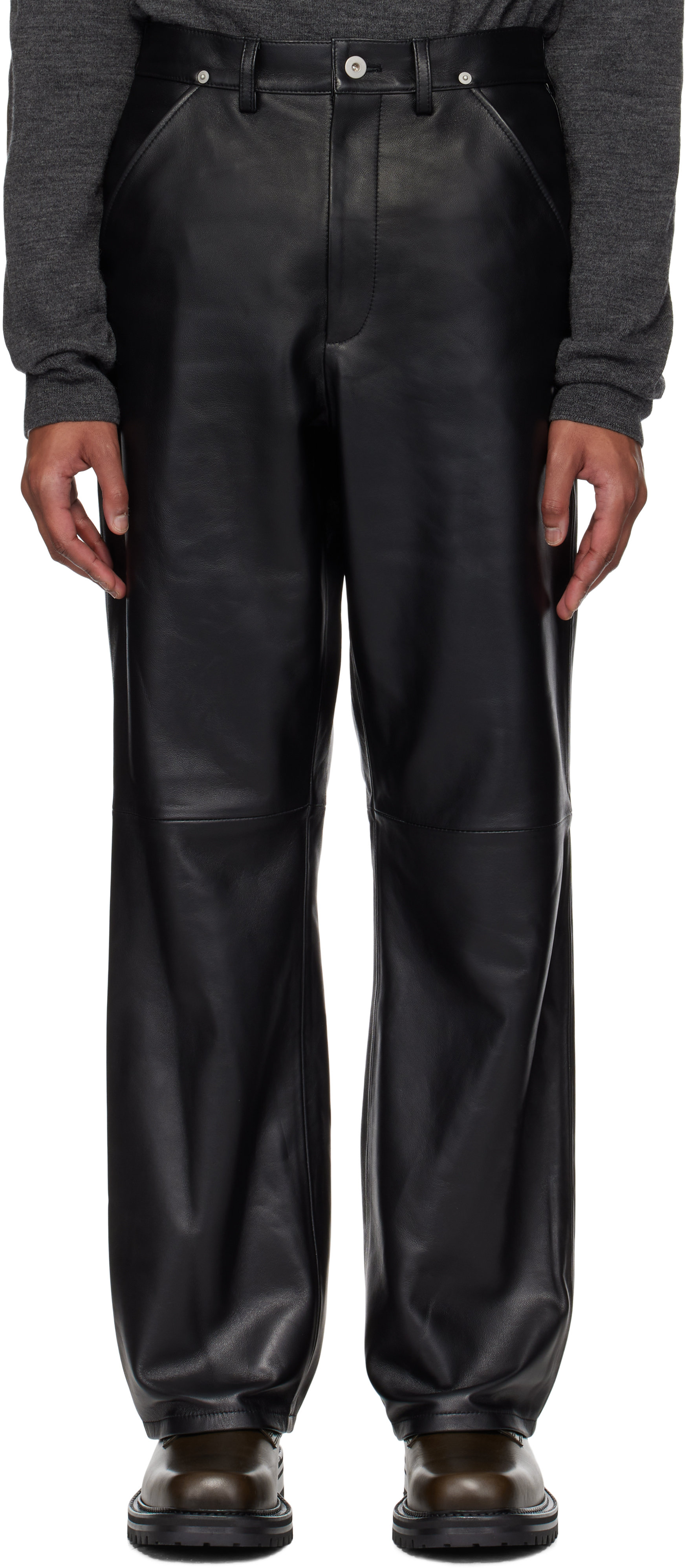 Black Flared-Leg Leather Pants