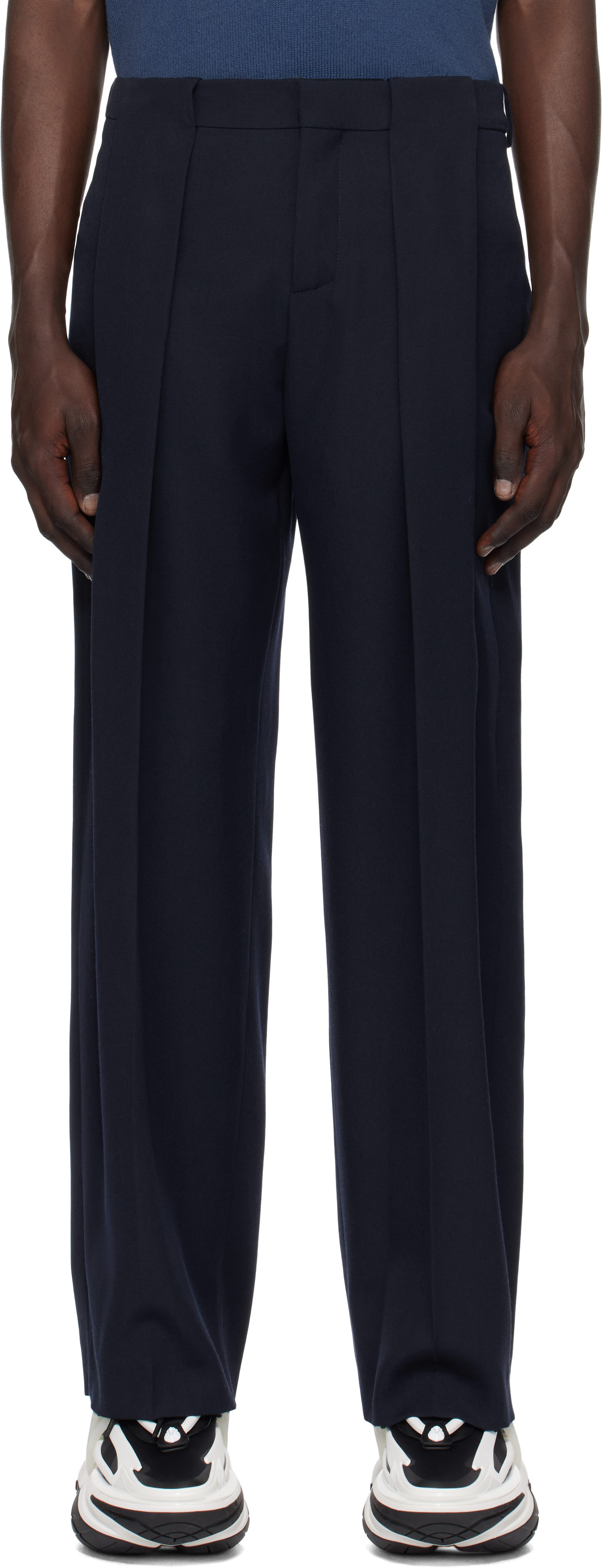 Navy Pleated Grain De Poudre Trousers