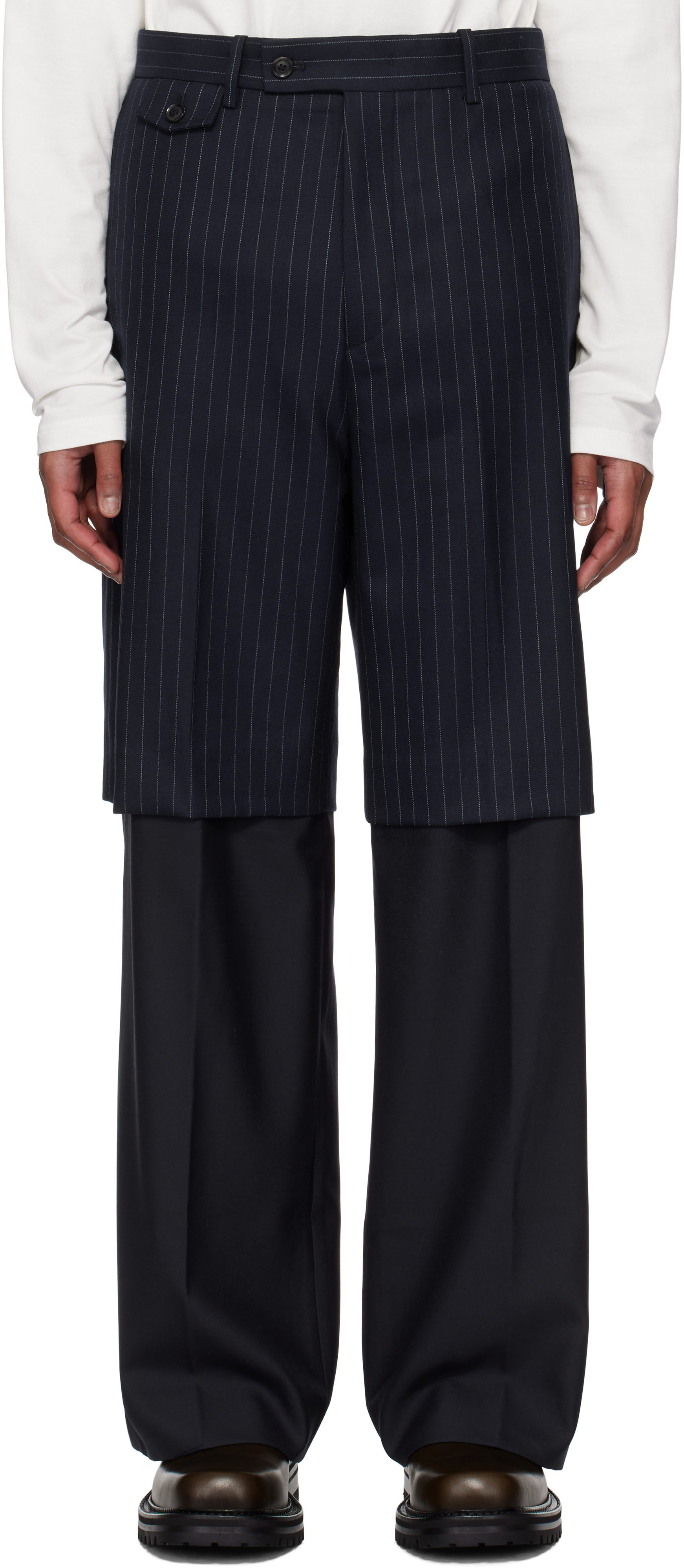 Navy Striped Wool Layered Trousers