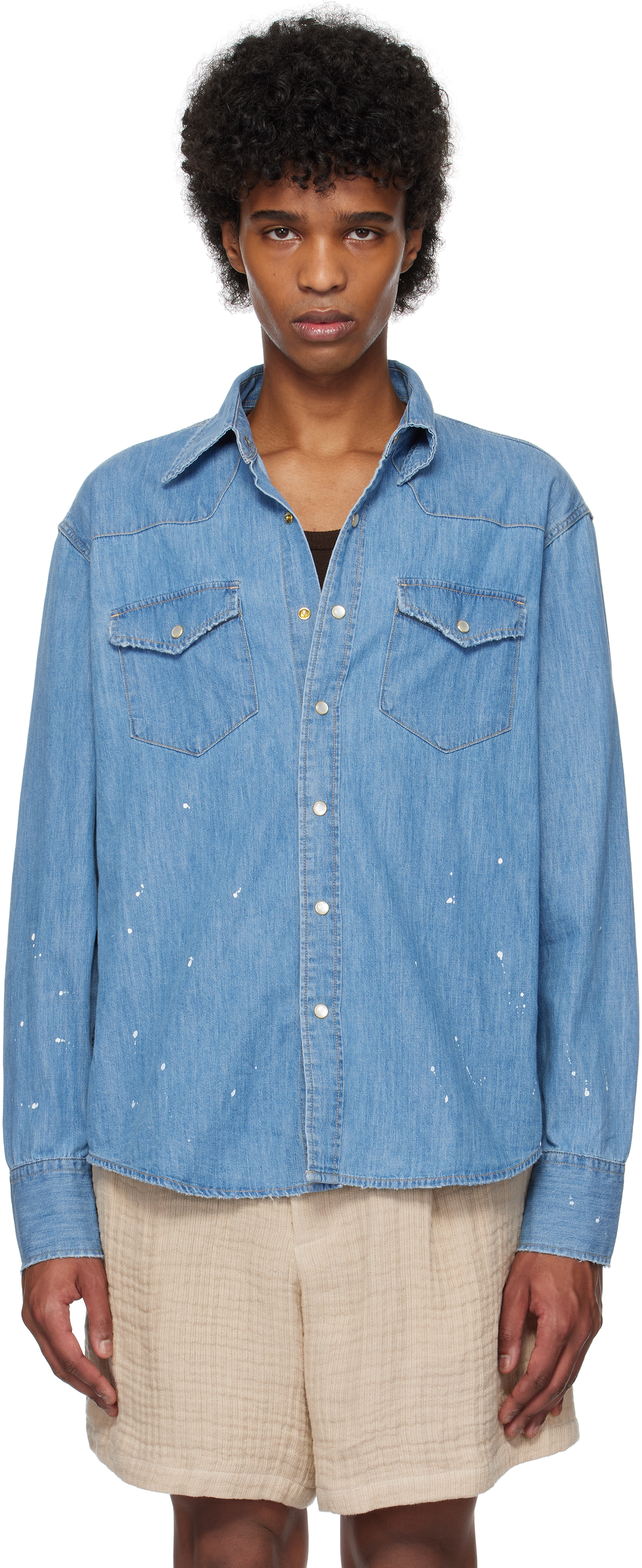 Blue Hand-Painted Western Denim Shirt