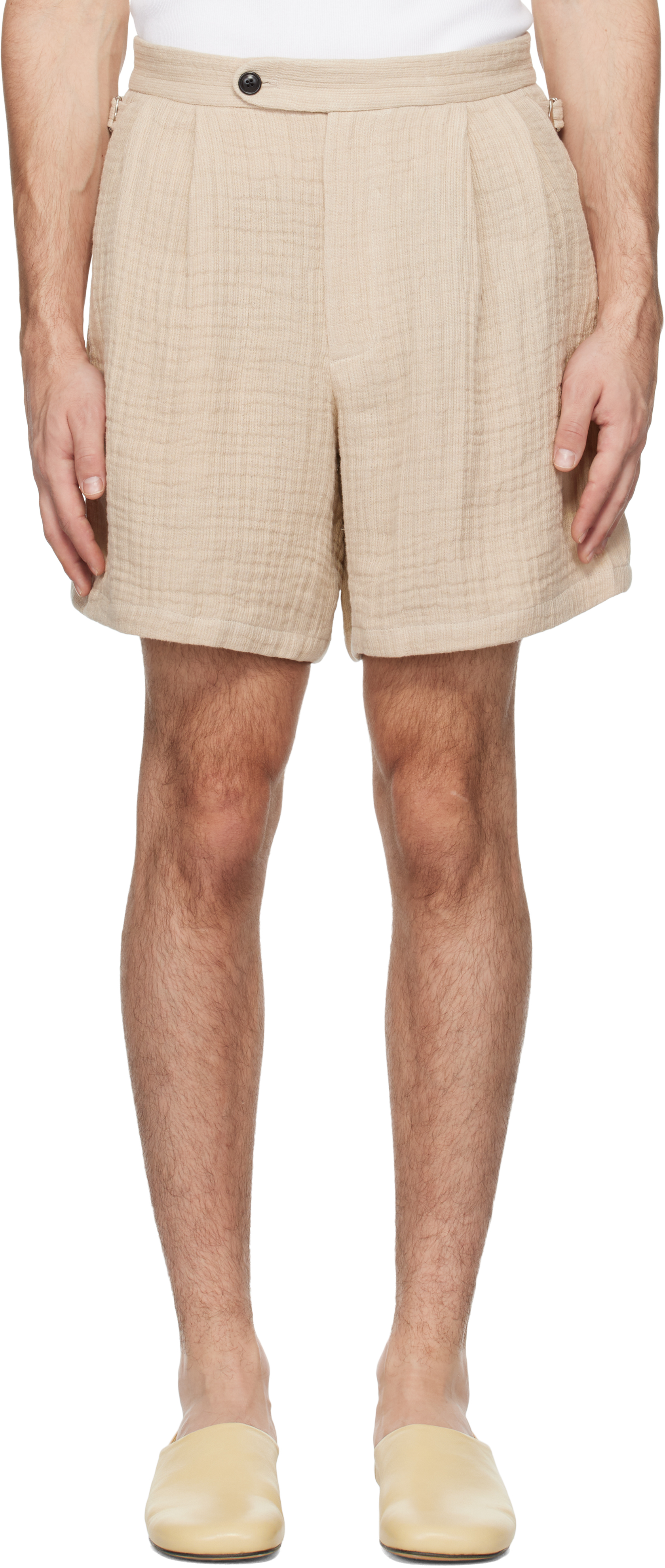 Beige Double Weave Linen Shorts