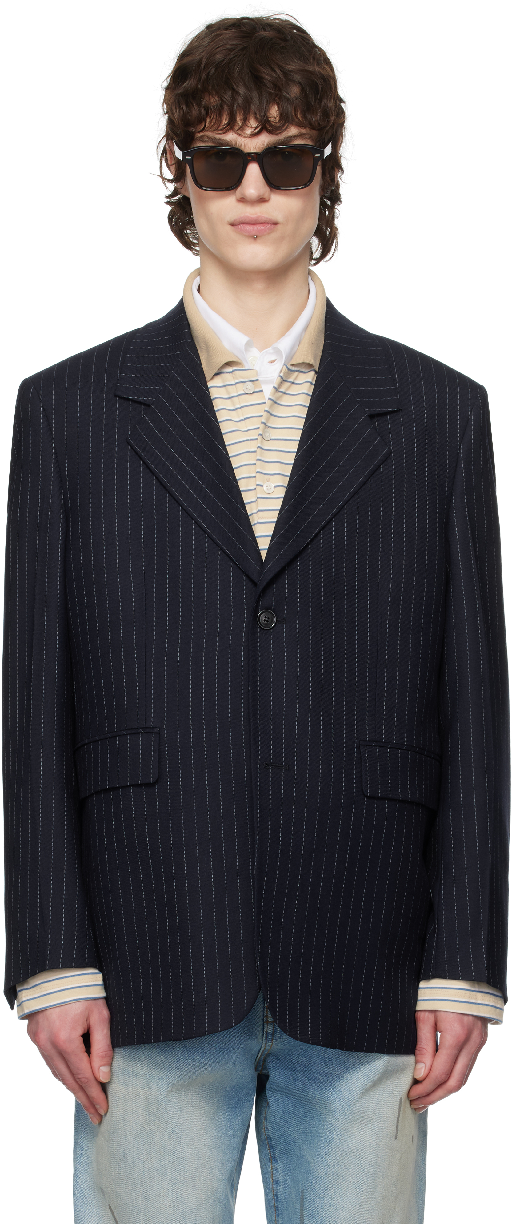 Navy Striped Wool Oversized Tailored Blazer