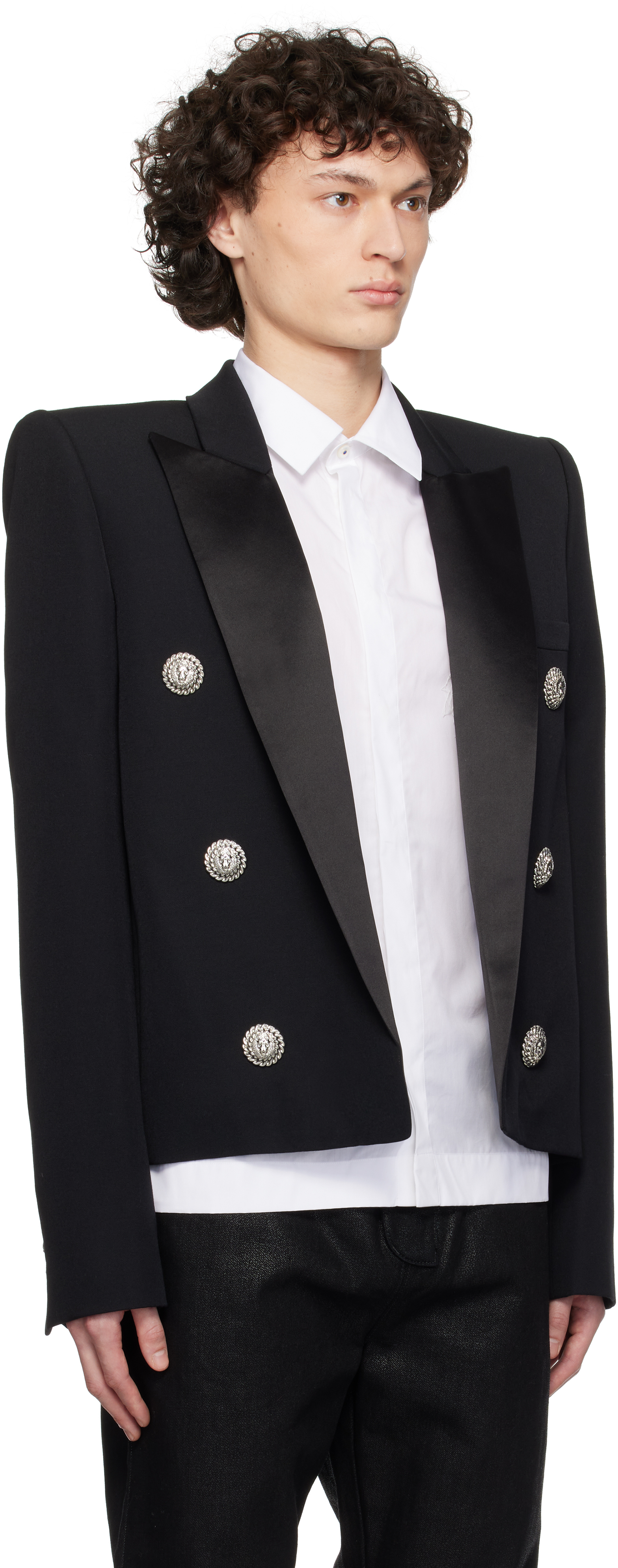 BALMAIN BLACK 6 LION BUTTON SPENCER BLAZER