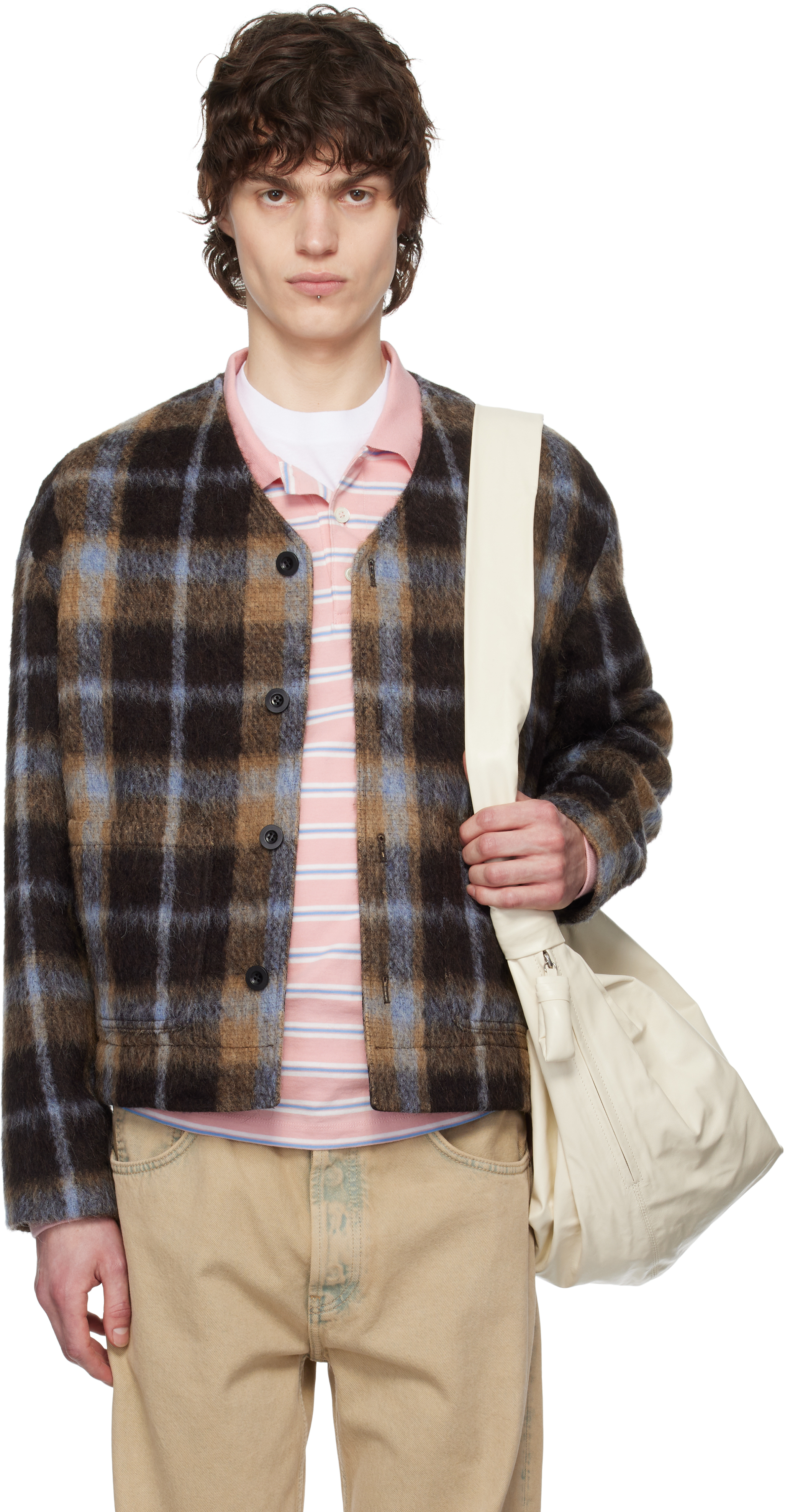 Brown Check Wool Mohair Cardigan by Tonywack on Sale