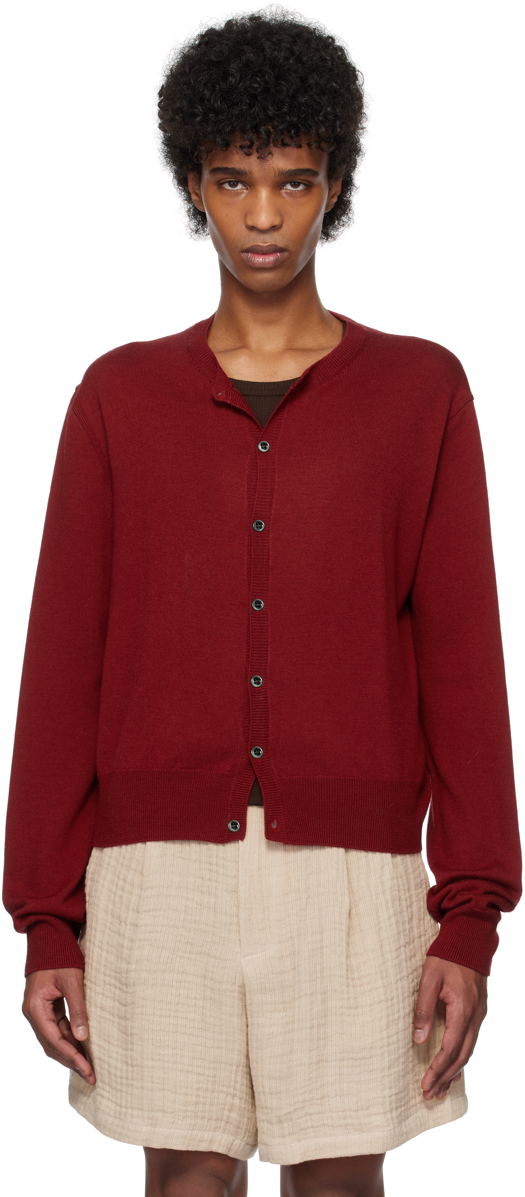 Red Super Fine Wool Crewneck Cardigan by Tonywack on Sale