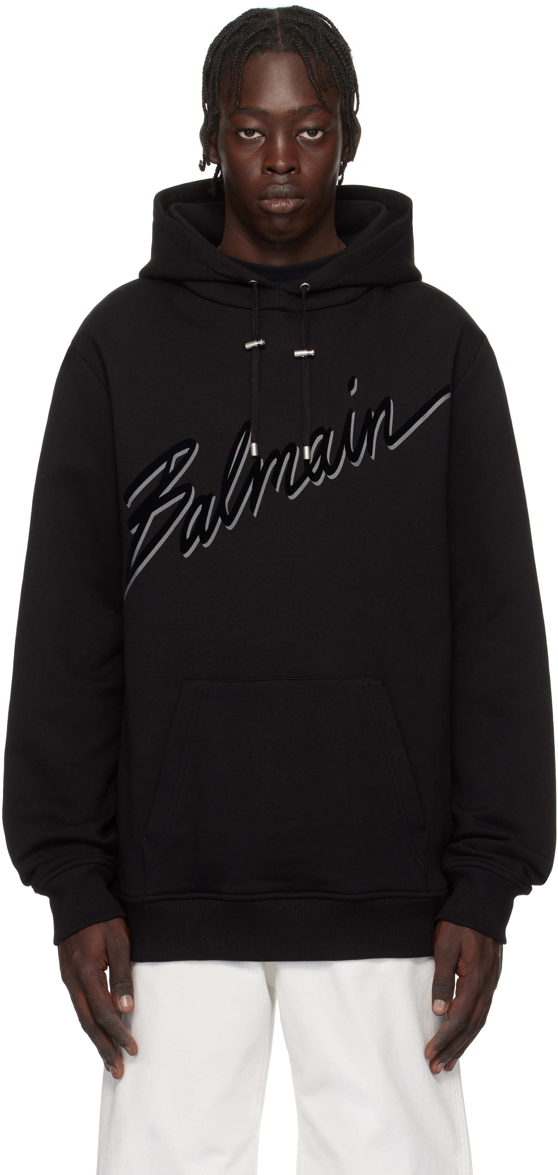 Black Flocked 'Balmain' Letter Hoodie