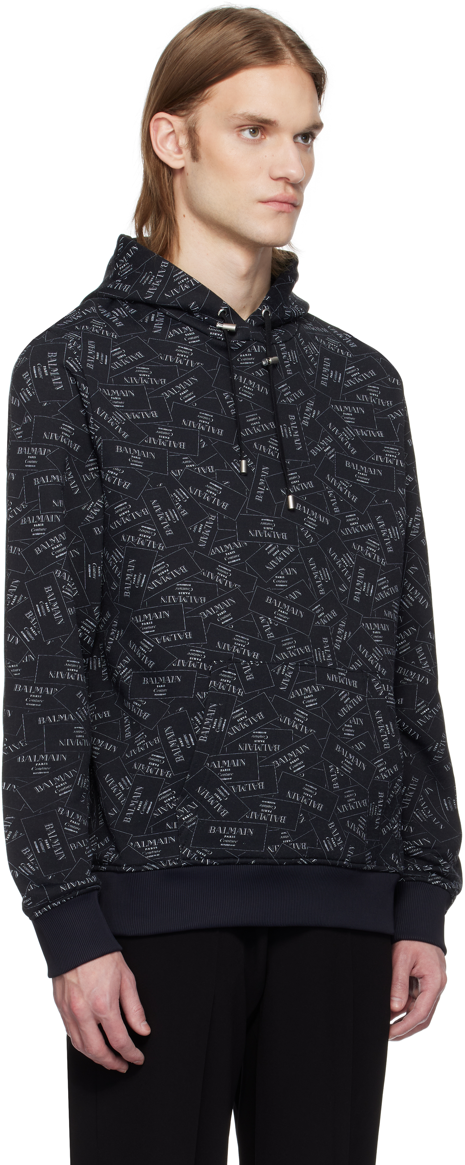 Balmain Men's Allover Couture Label Hoodie In Eab Noir/blanc