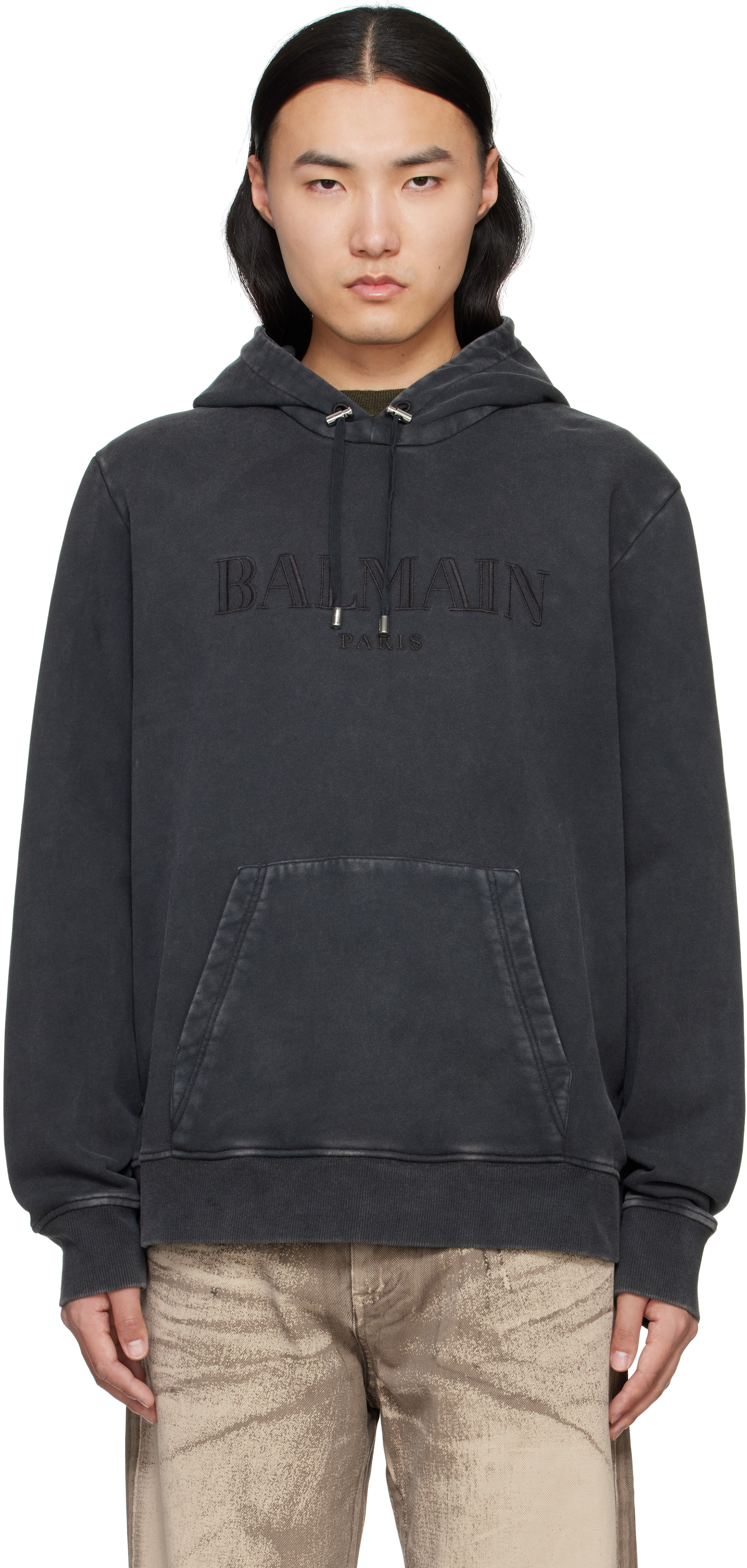 Balmain Gray Vintage '' Embroidered Hoodie In Ygd Gris/gris