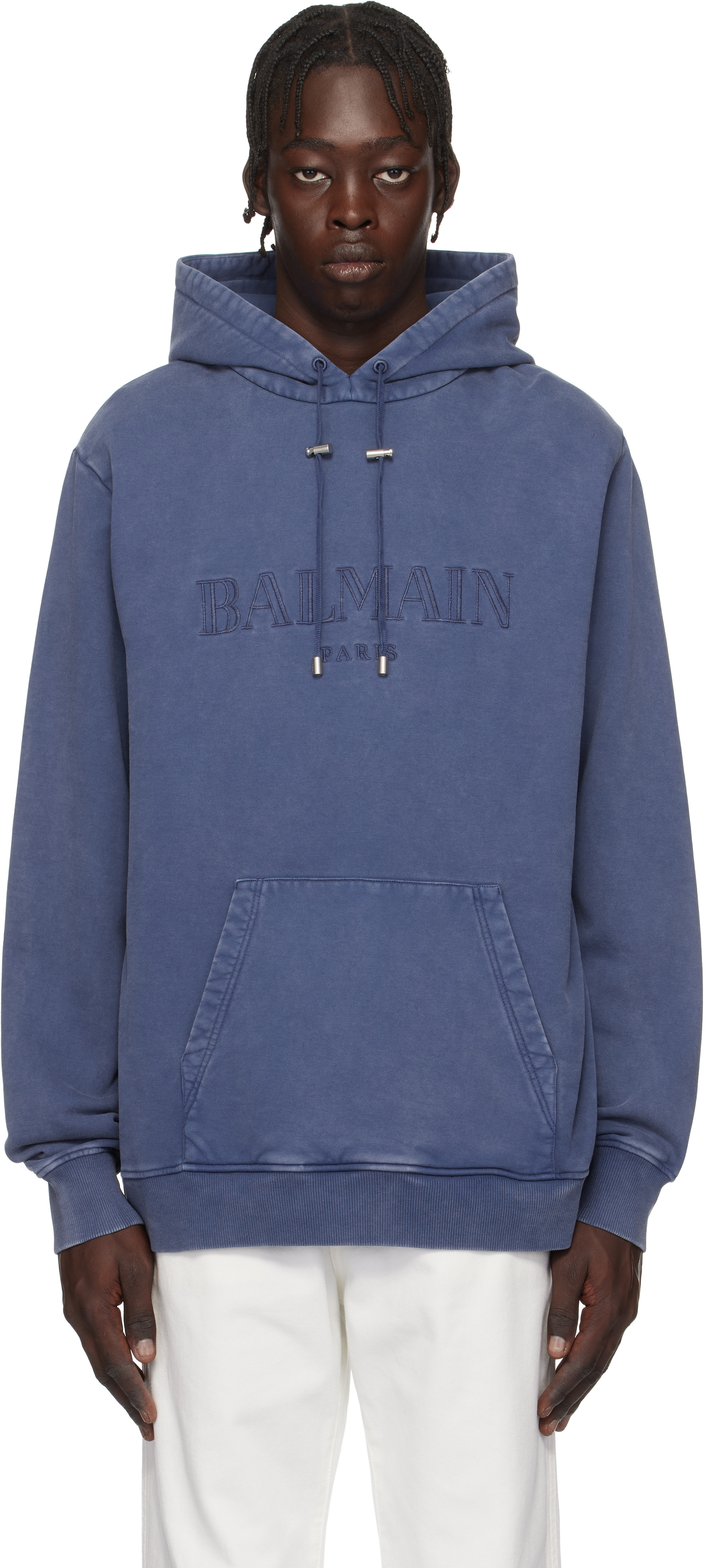 Navy Vintage 'Balmain' Embroidered Hoodie