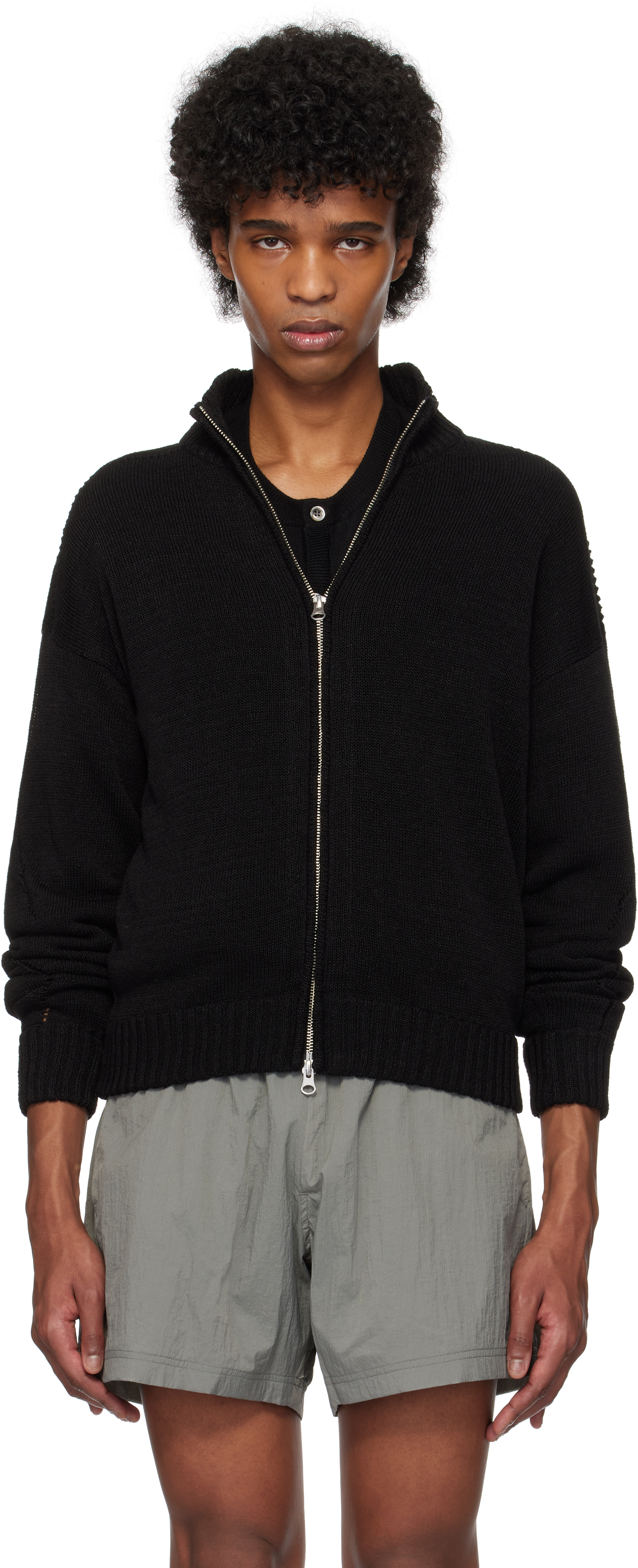 Black Linen Full Zip Knitted Jacket