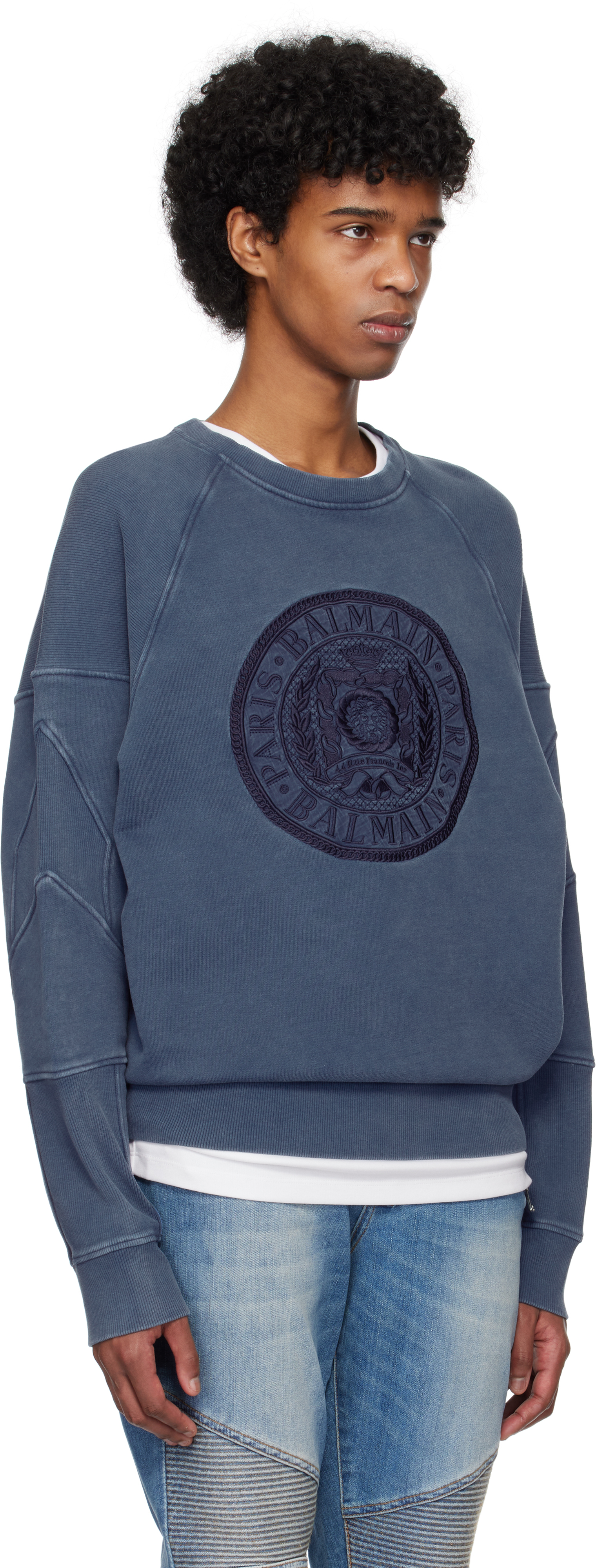 BALMAIN NAVY RIBBED COIN EMBROIDERY SWEATSHIRT