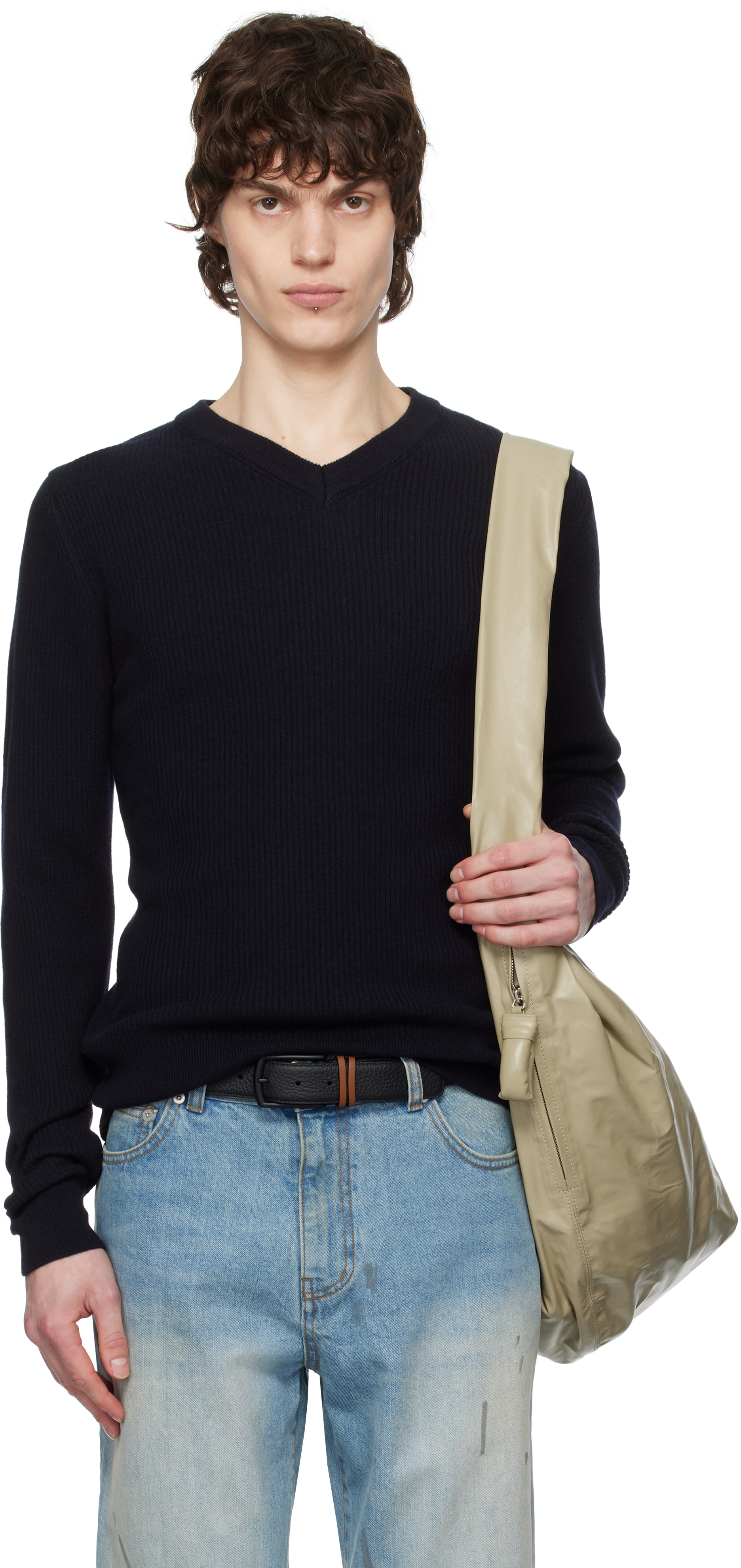 Navy Super Fine Wool Ribbed V-Neck Sweater