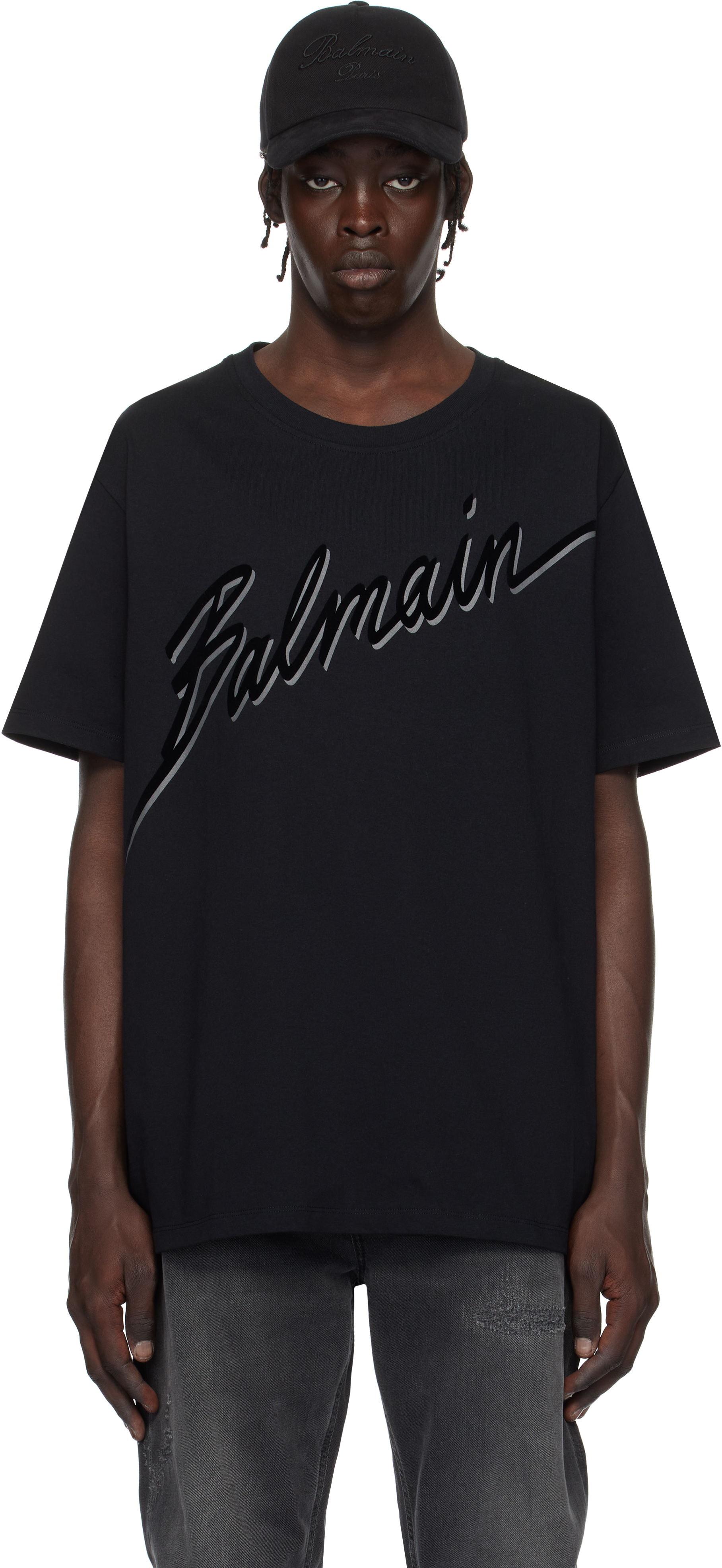 Black Flocked 'Balmain Letter' Logo T-shirt