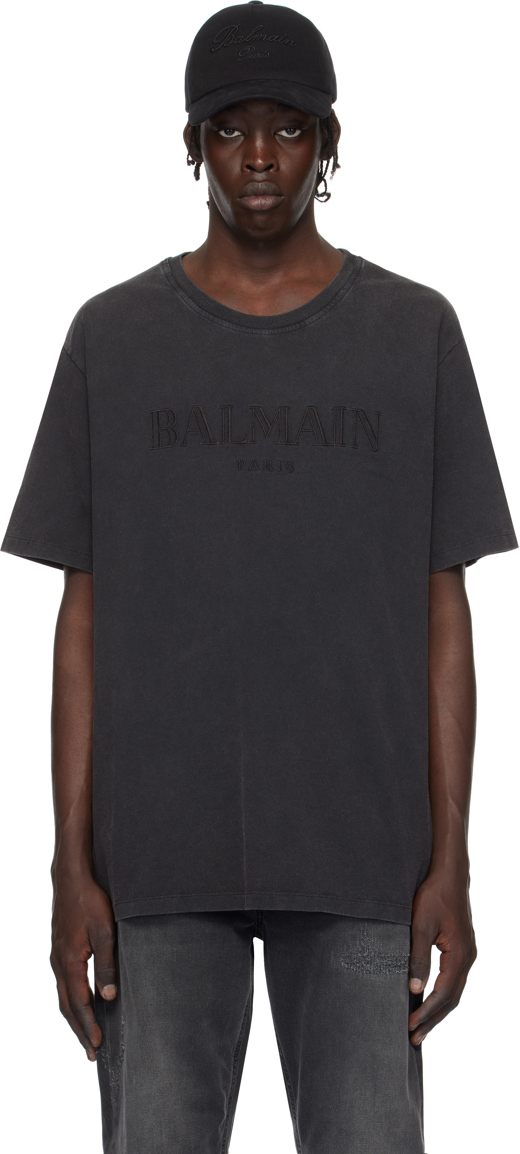 Gray Loose Vintage 'Balmain' Embroidery T-shirt